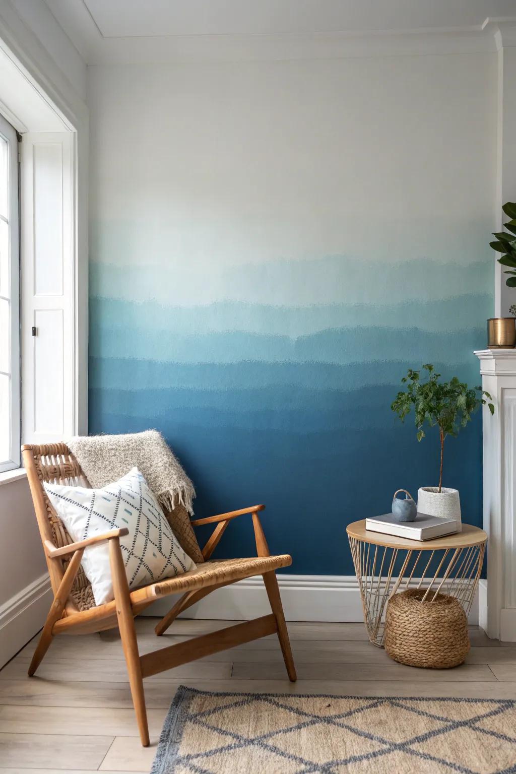 Transform your space with a calming tape-assisted ombre wall effect – simplicity meets natural beauty.