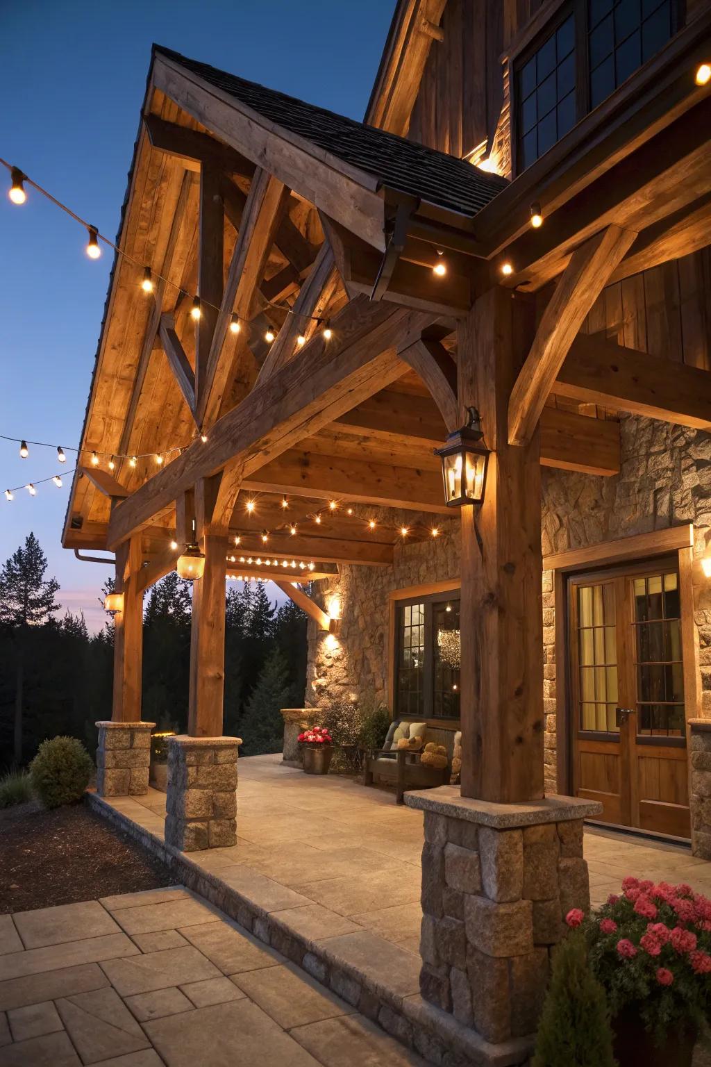 Illuminate your timber porch with layered lighting for a warm and inviting atmosphere.