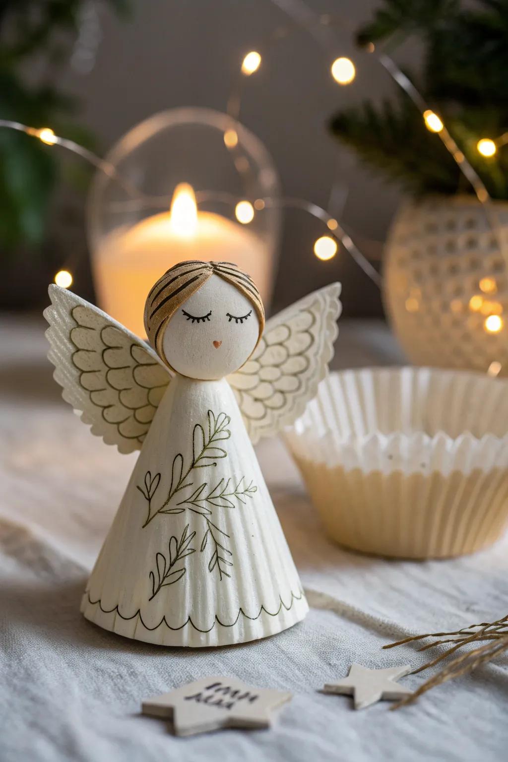 Embrace the magic of the season with this charming cupcake wrapper angel, a delightful touch of handmade beauty for your holiday decor.