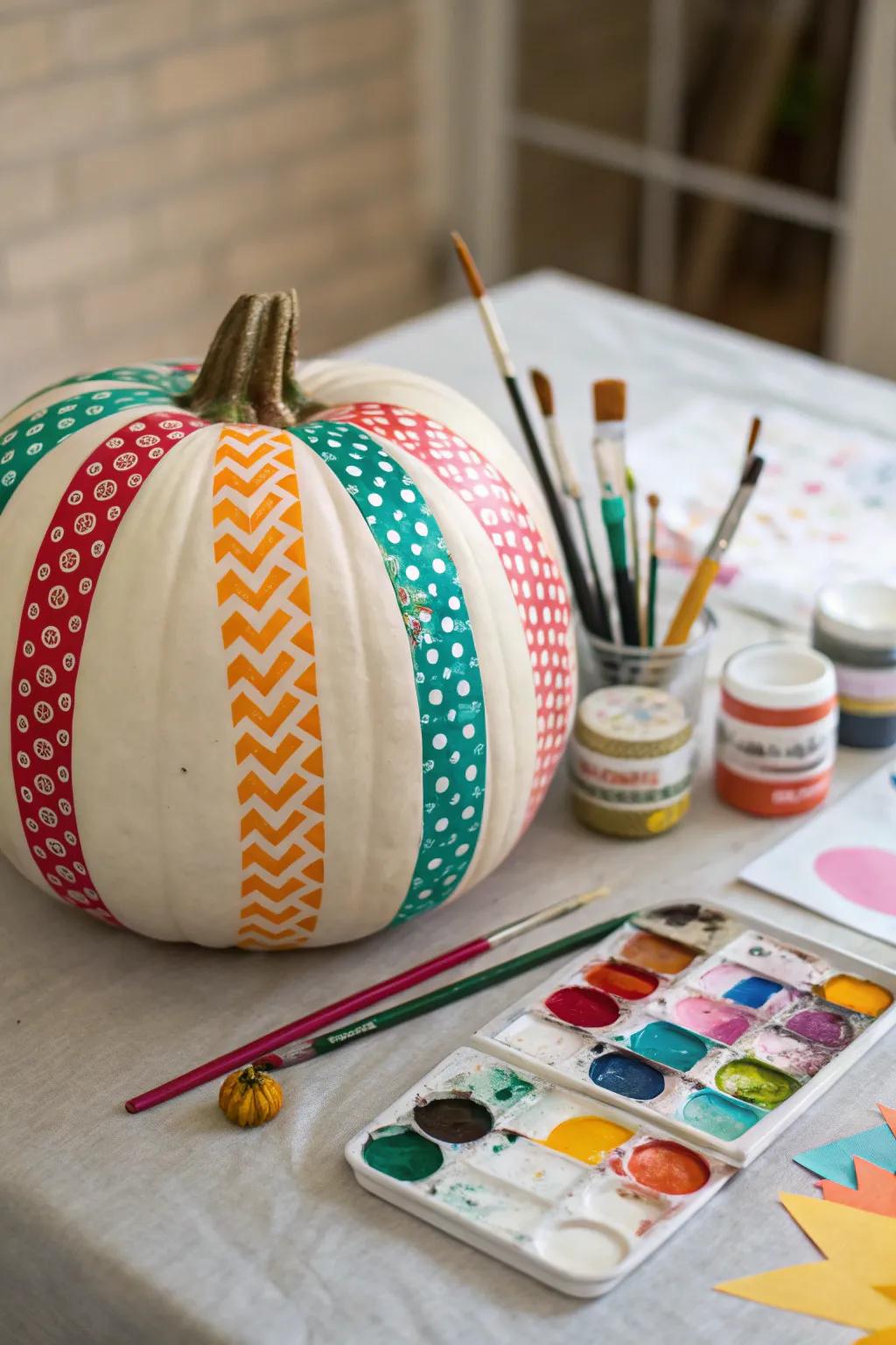 A pumpkin featuring creative tape art designs.