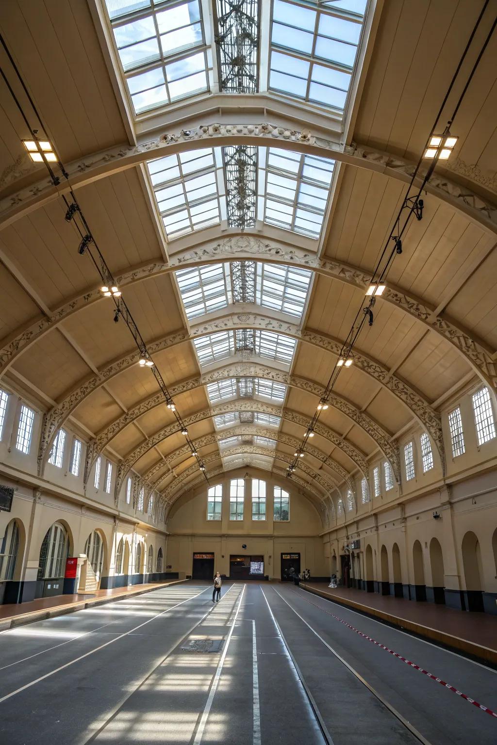 Track lighting and skylights together create a magical lighting experience.