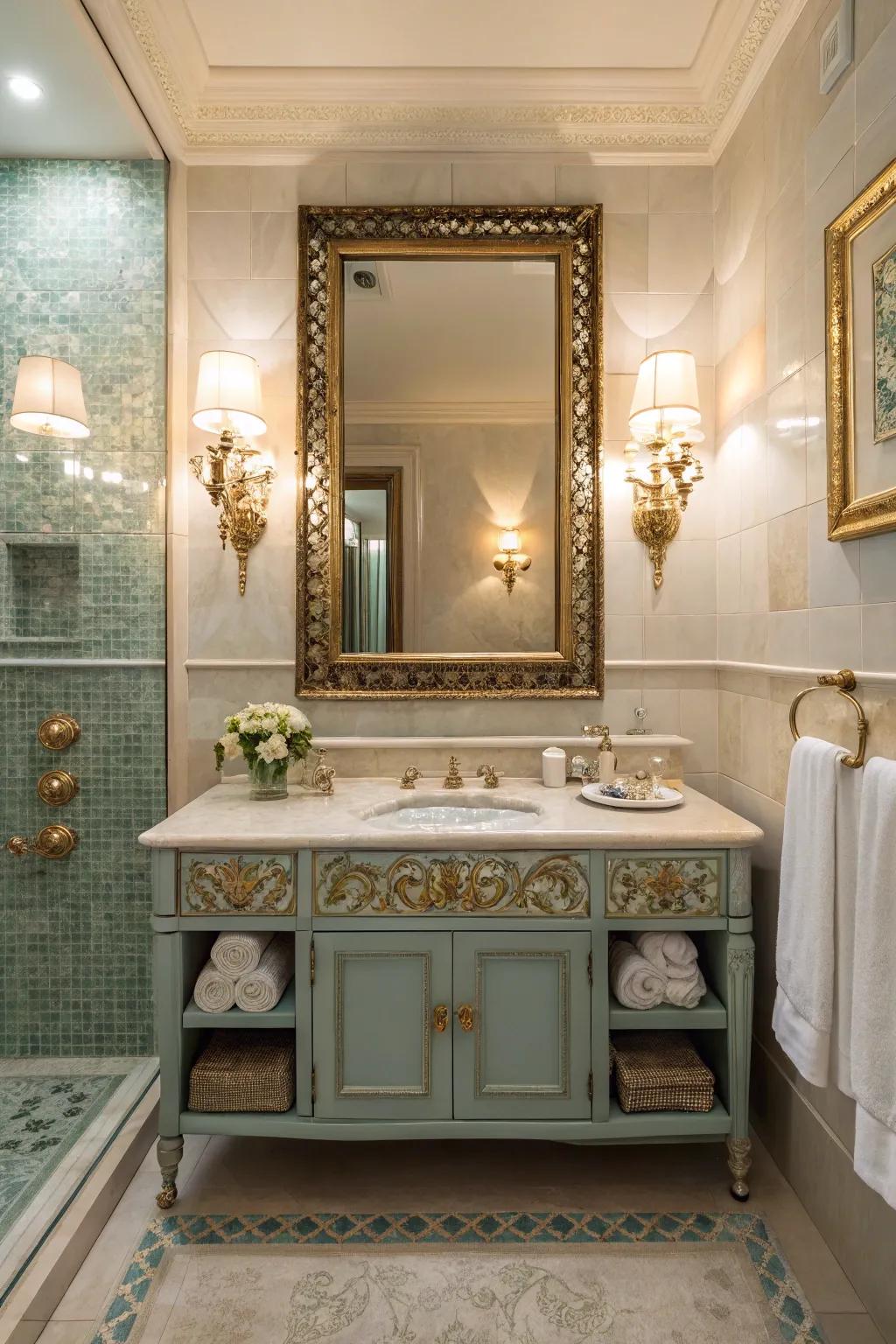 A decorative mirror serves as both function and art.