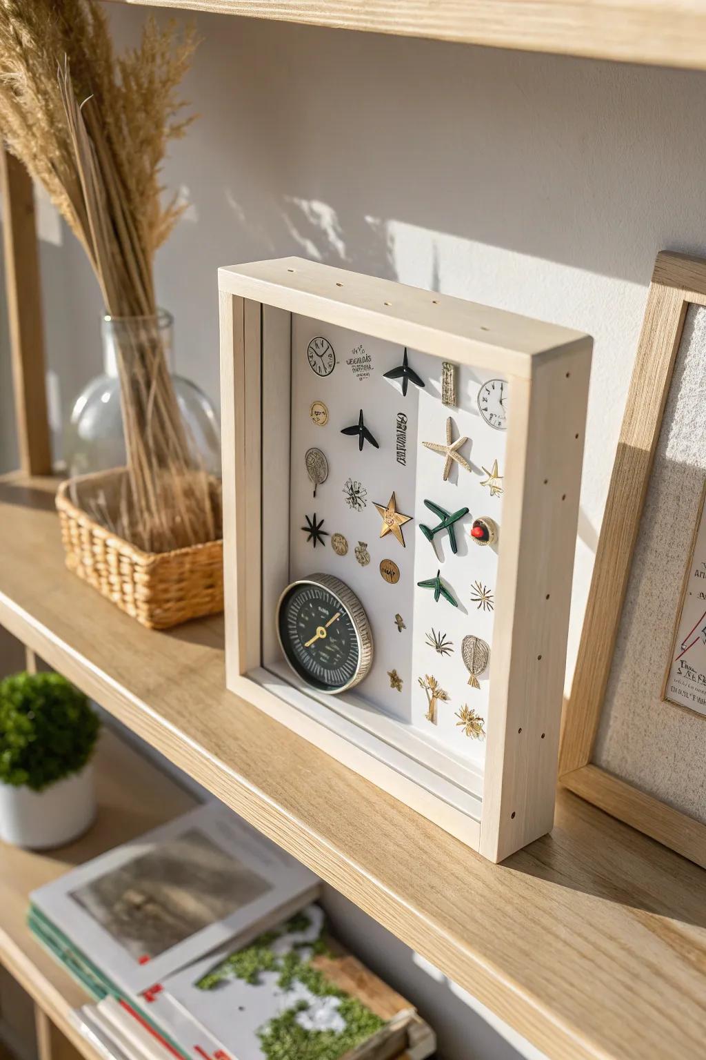 Embark on a miniature adventure with this elegantly curated travel shadow box.