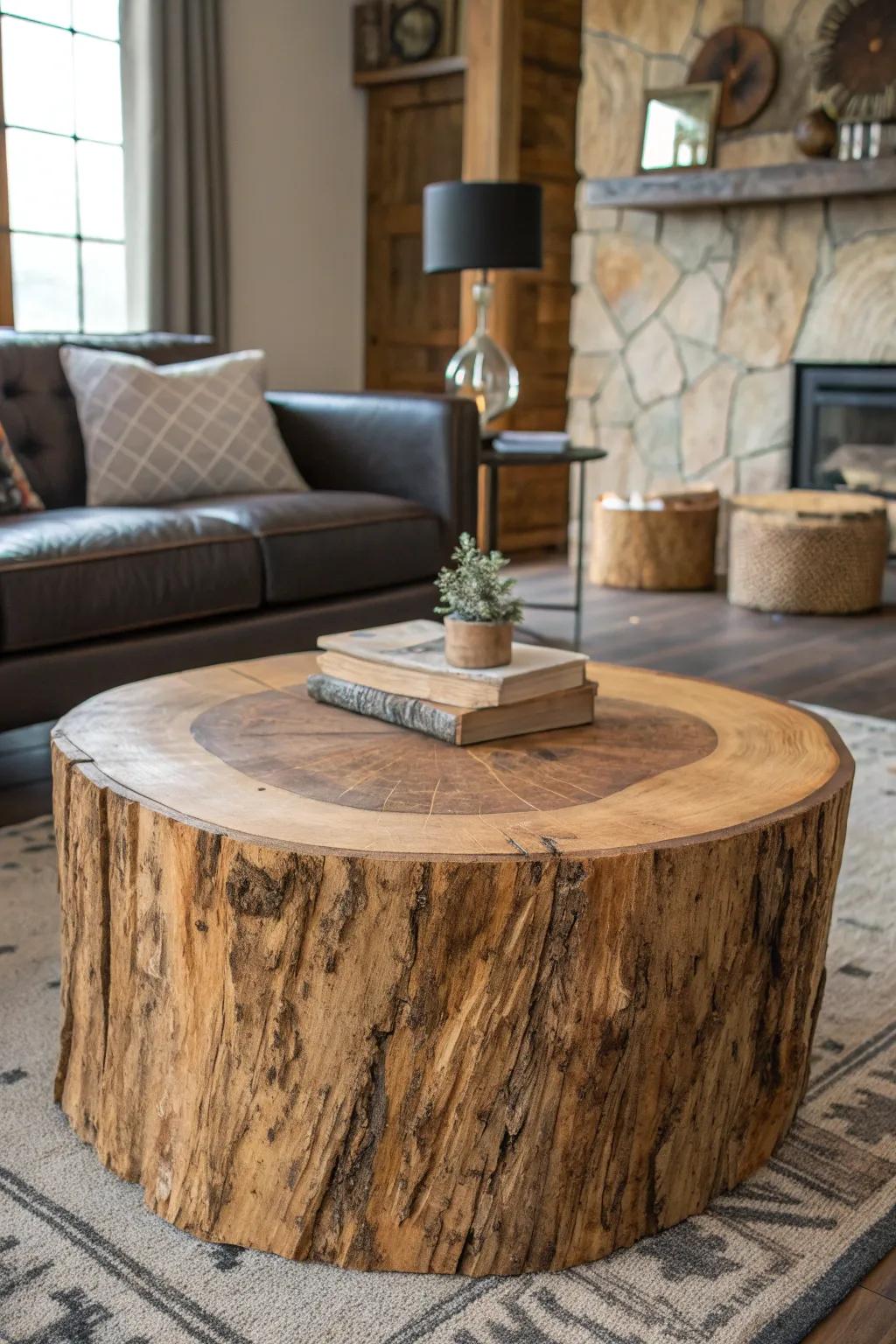 Elevate your living space with a handcrafted tree trunk coffee table—where nature meets artistry.