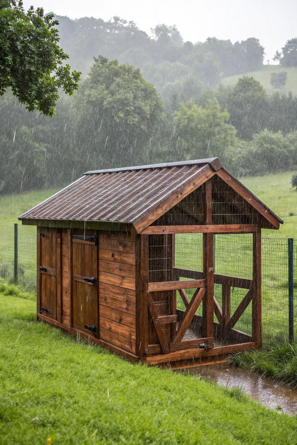 Crafting Comfort: A rustic lean-to providing refuge for turkeys on stormy days.