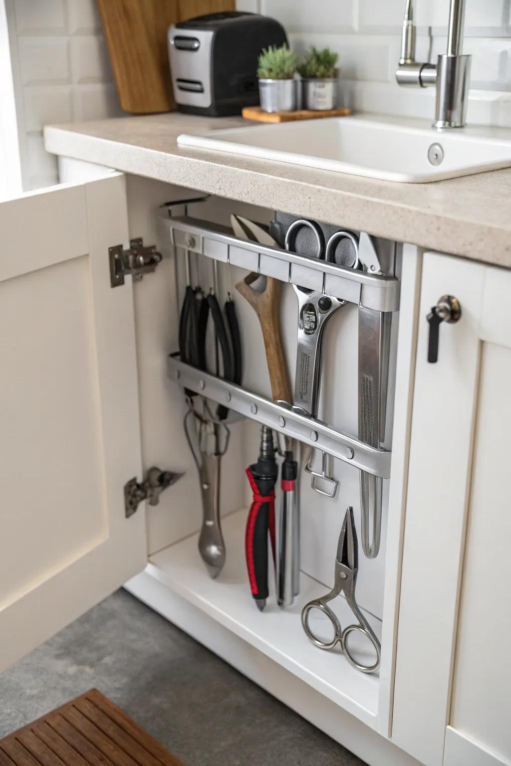 Magnetic strips keep metal tools organized and accessible.