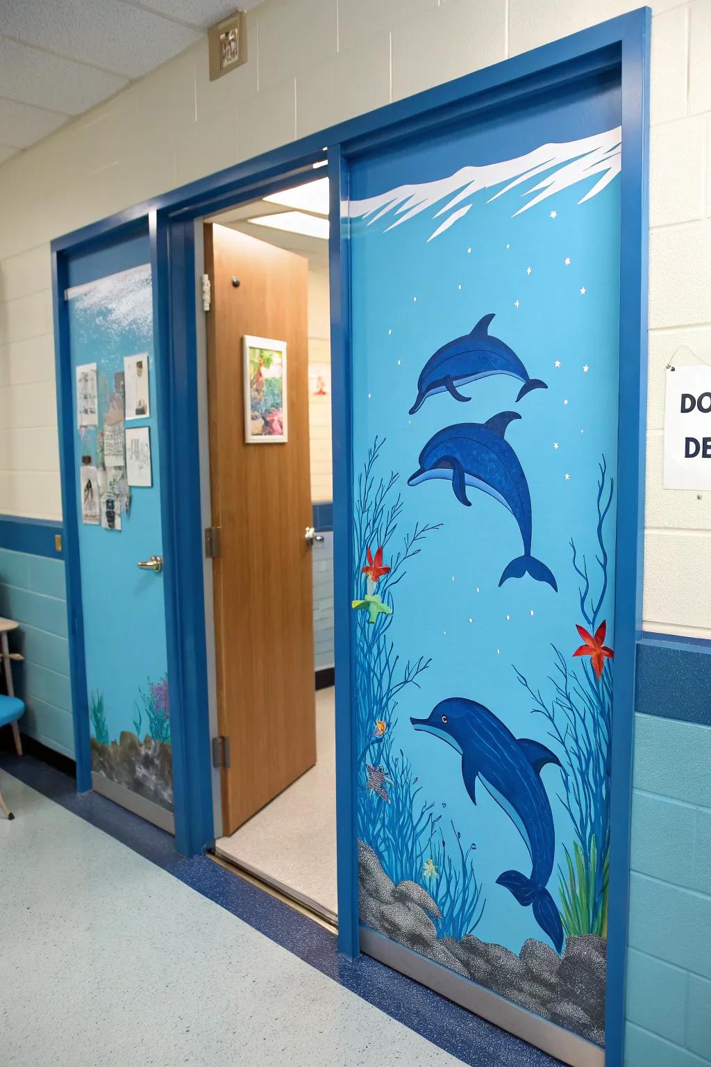 Dancing dolphins bring joy and movement to the classroom door.
