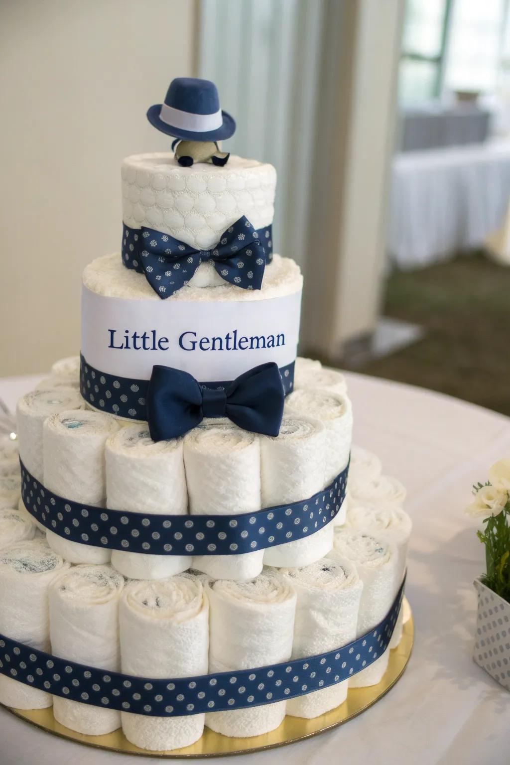 Dapper and delightful: The Little Gentleman Diaper Cake, perfect for a refined touch at your next baby shower.