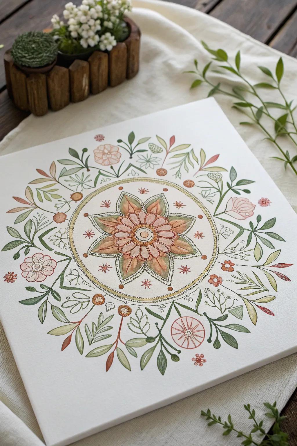 Embrace tranquility with a touch of nature's elegance in this handcrafted botanical mandala.