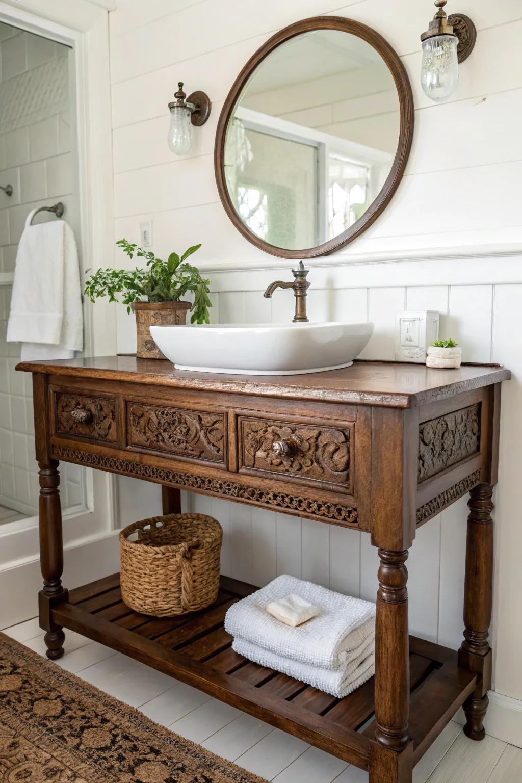 Transform your bathroom with the timeless elegance of an antique console table vanity.