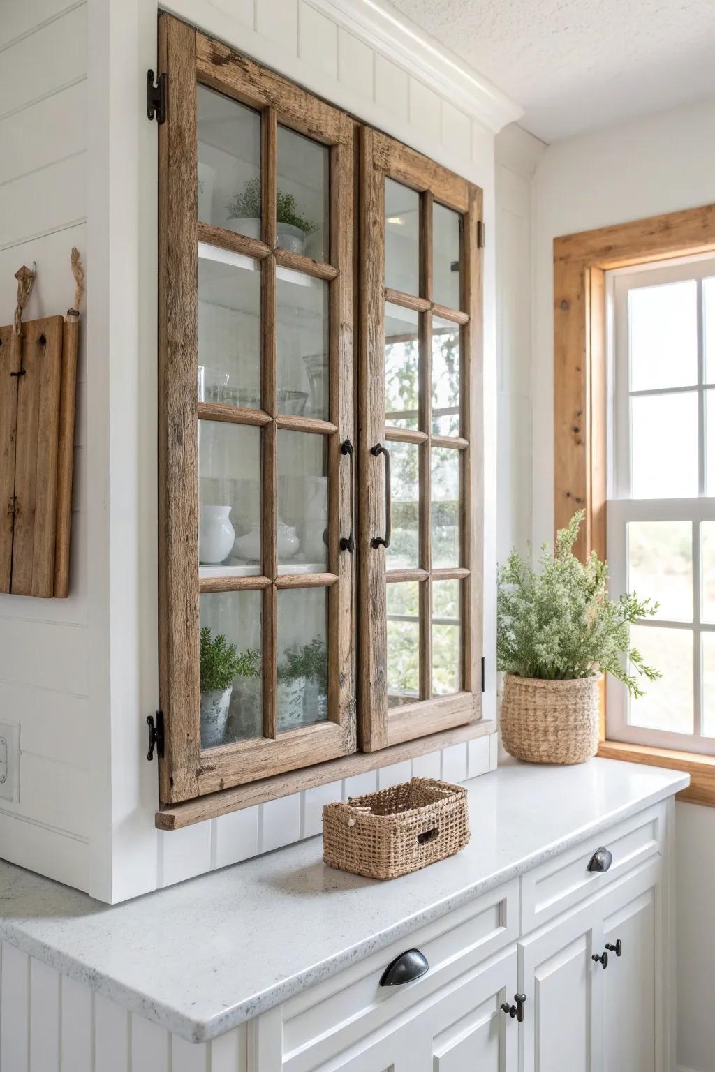 Bring a touch of history into your kitchen with these charming repurposed window cabinets. #UpcycleMagic #VintageVibes