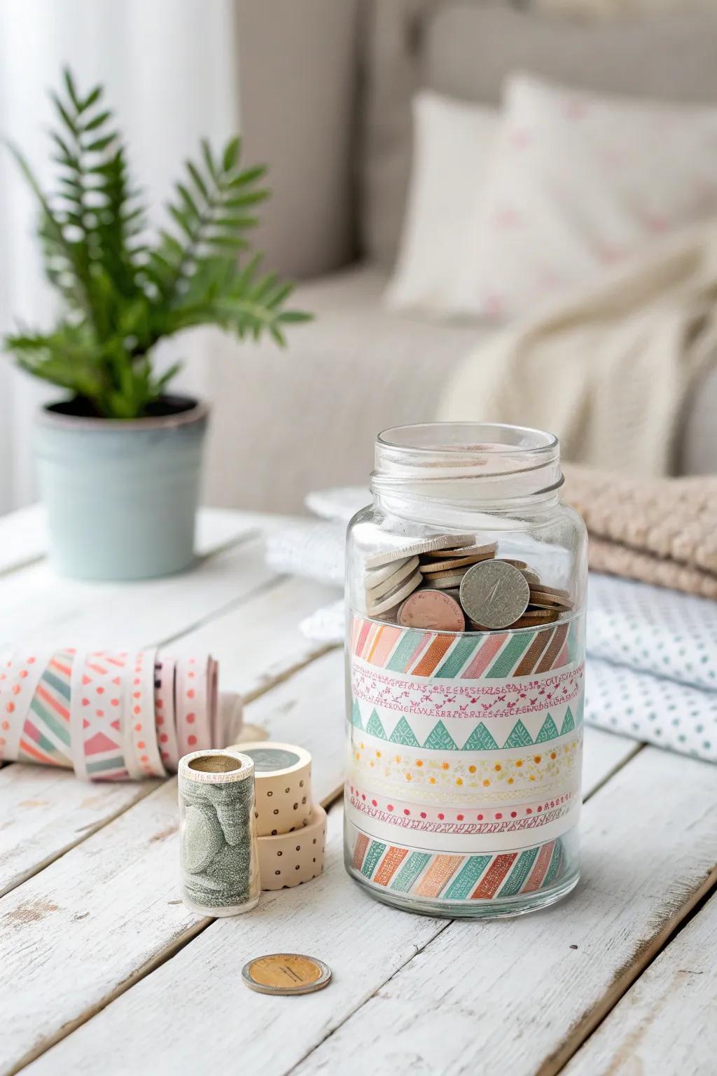 Transform your vacation fund jar with bursts of color using washi tape wonders!