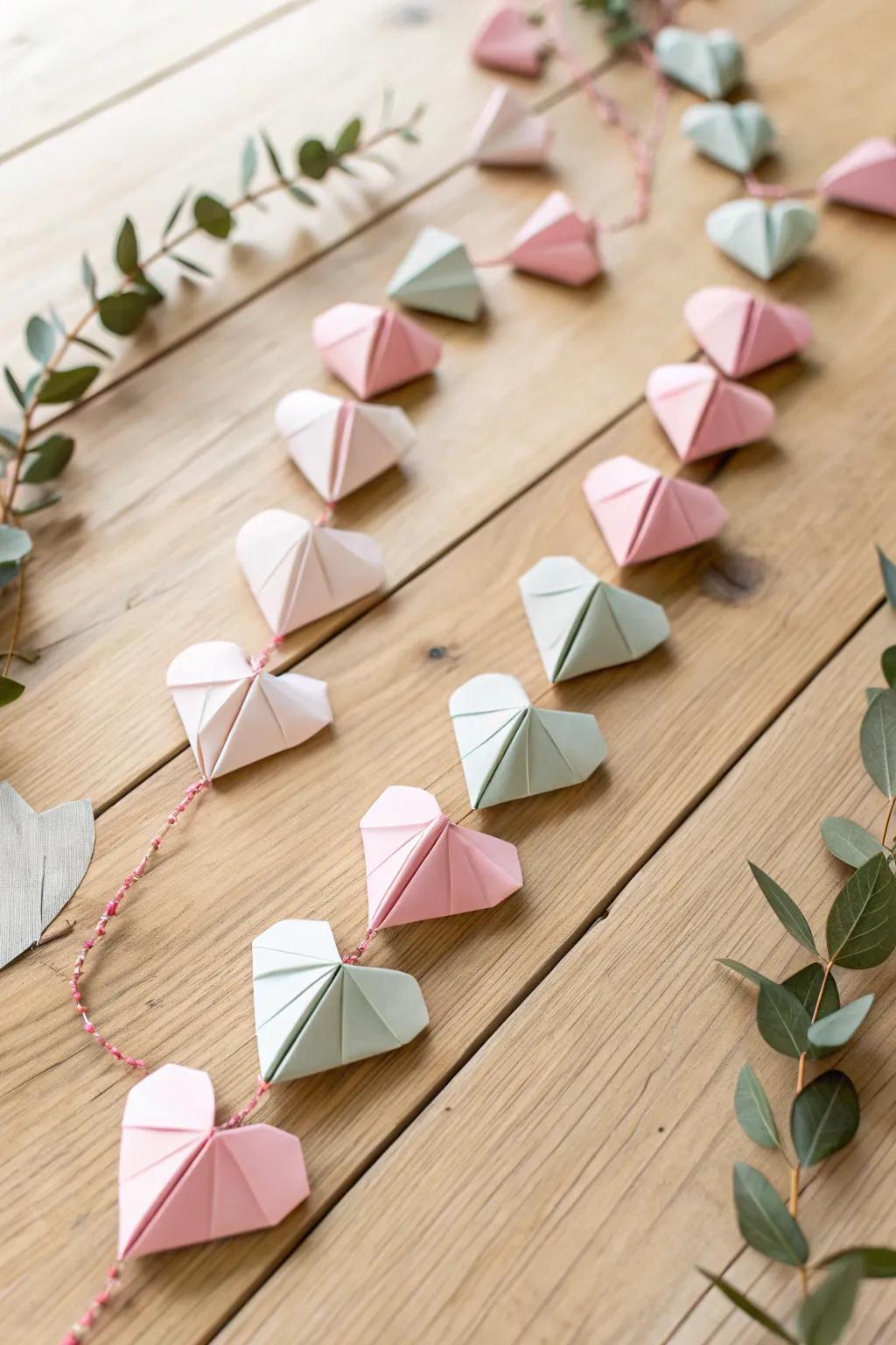 Whimsical Origami Heart Garland: Handmade elegance for your space.