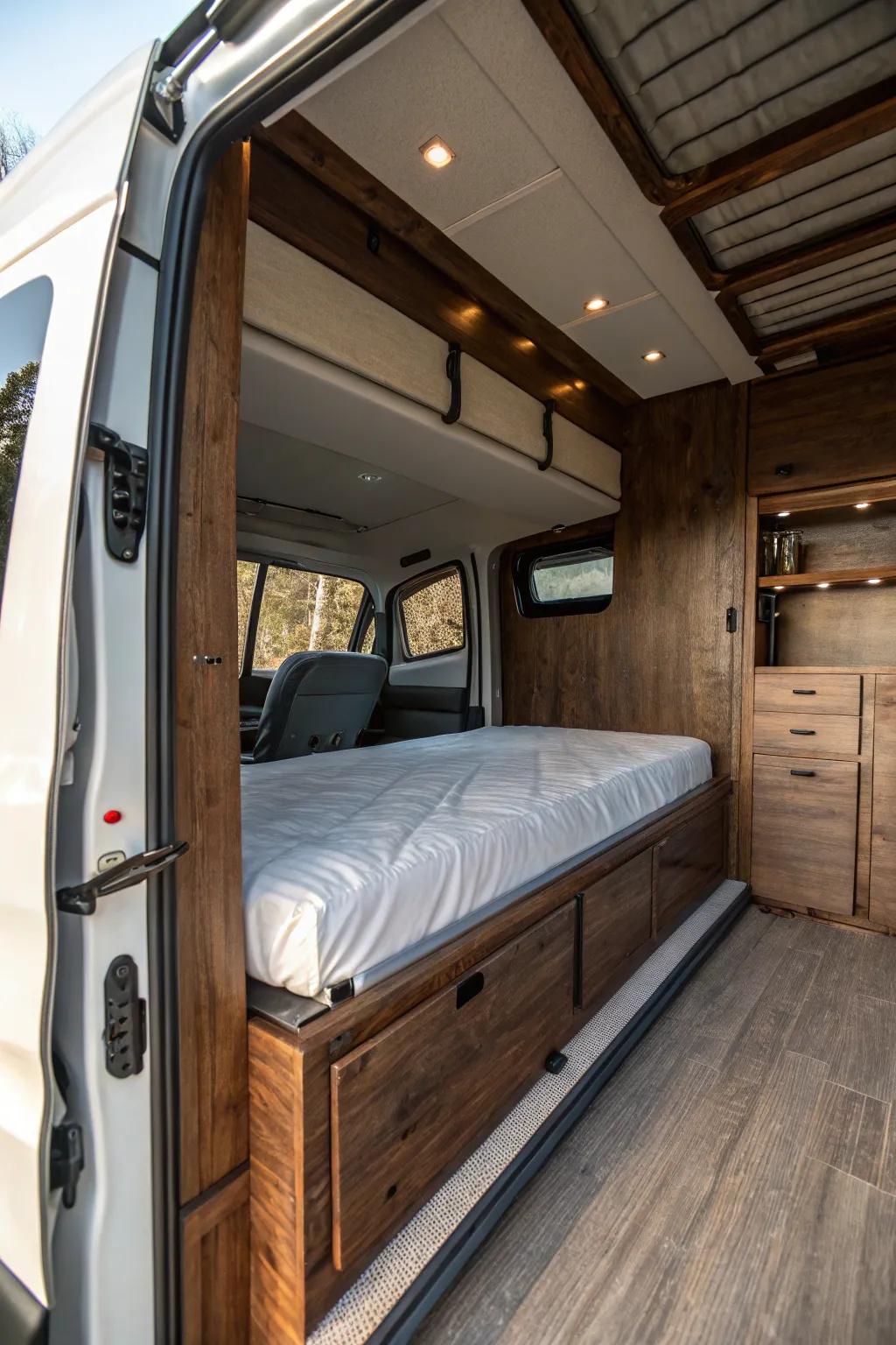 Transform your van into a versatile living space with the magic of a Murphy bed. Functional elegance meets craftsmanship.