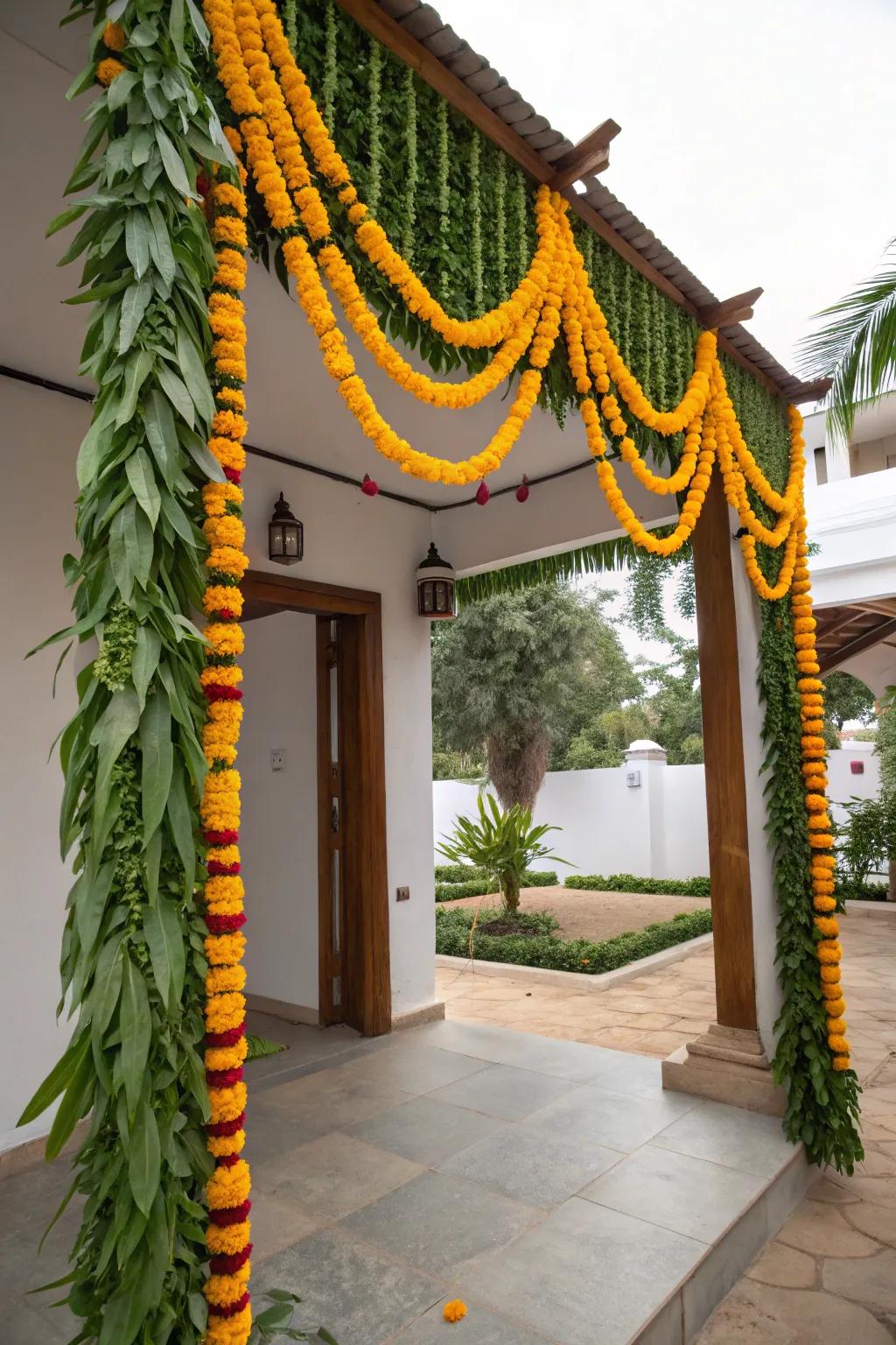 A welcoming traditional toran for the Varalakshmi Vratam entrance.