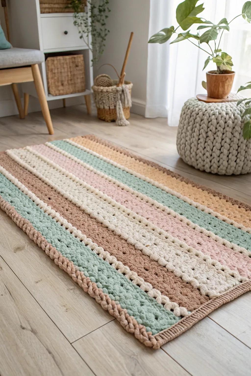 Step into serenity with this artistically crocheted variegated yarn rug, perfect for adding a splash of creativity to any space.