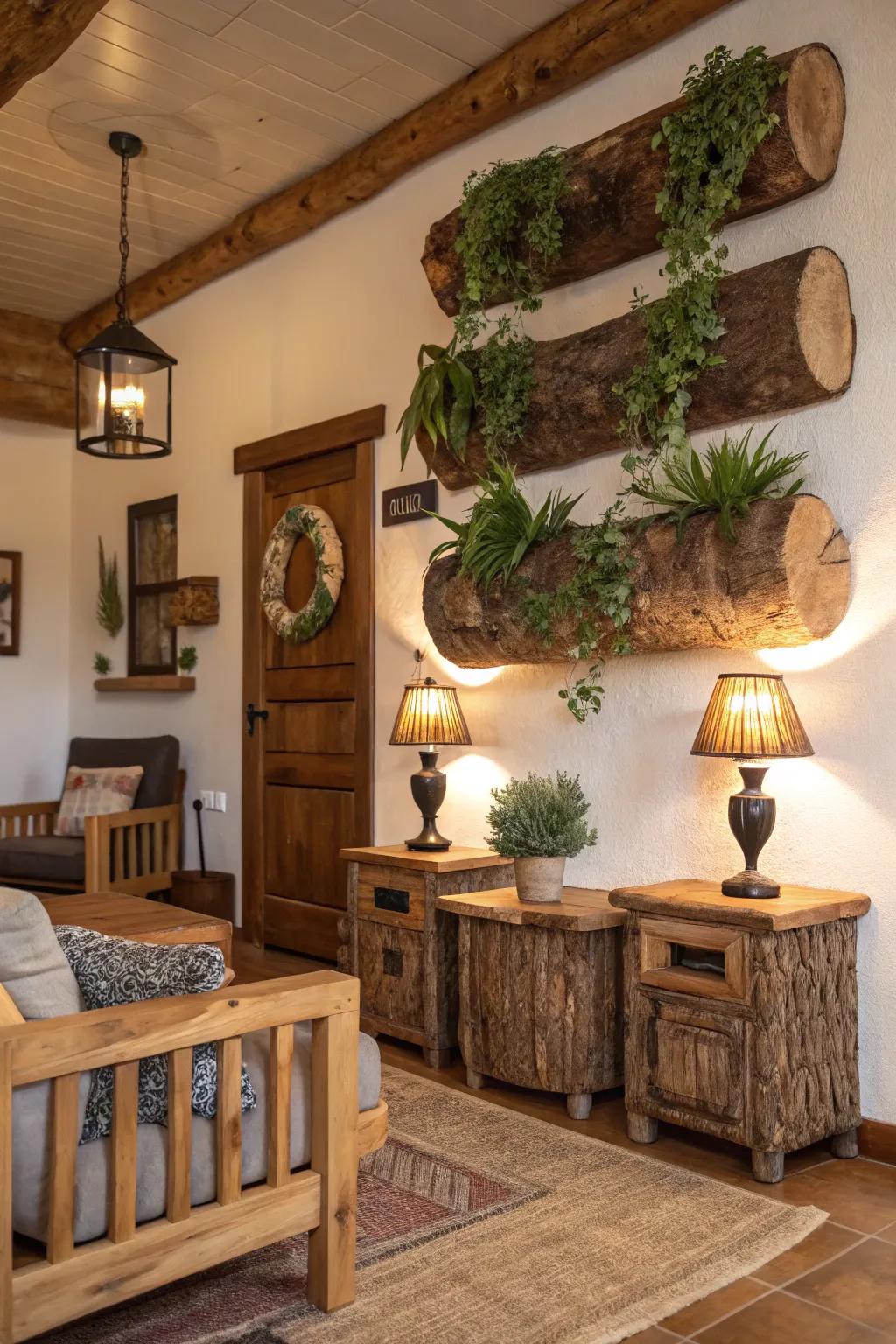 Rustic charm abounds with hollowed log planters, bringing a touch of the forest indoors.