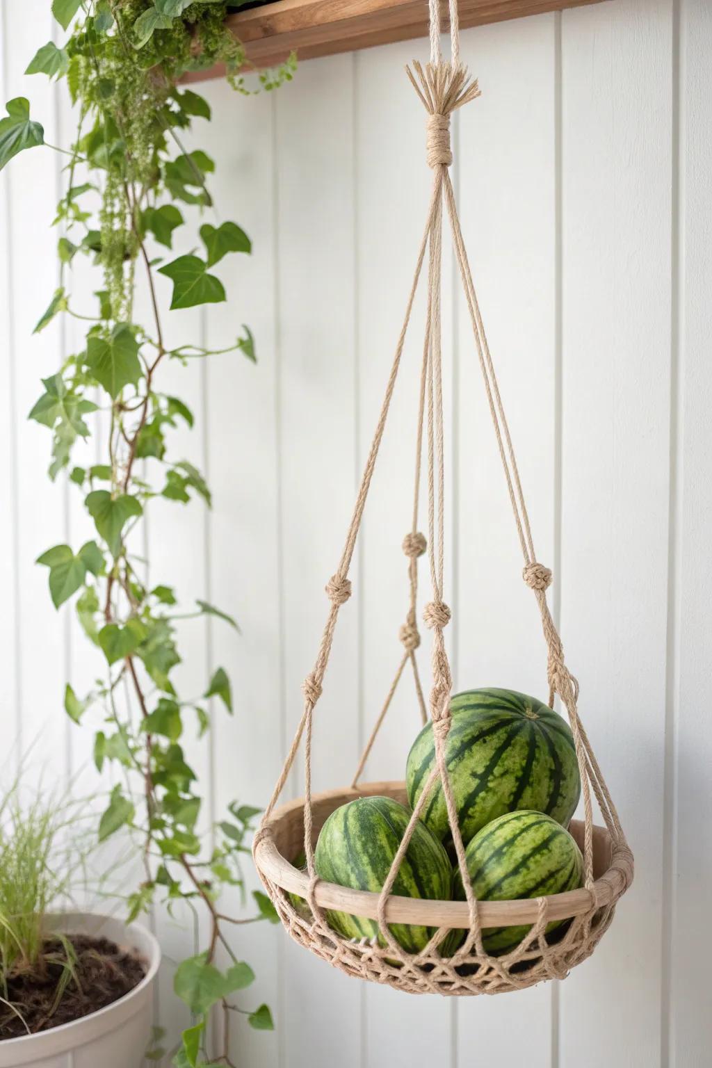 Elevate your garden's charm with a chic hanging basket trellis for watermelons – where Scandinavian simplicity meets Boho elegance.