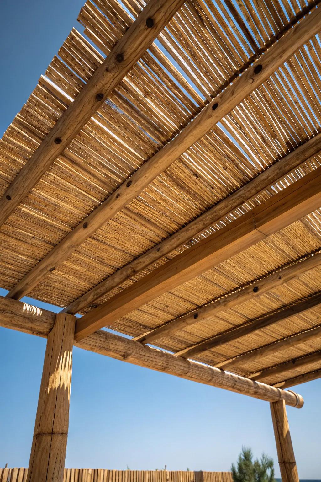 Embrace rustic charm with a stunning bamboo pergola roof, perfect for a serene outdoor retreat.