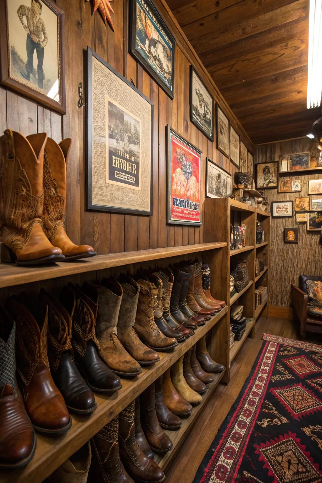 Cowboy boots add a unique decorative touch.