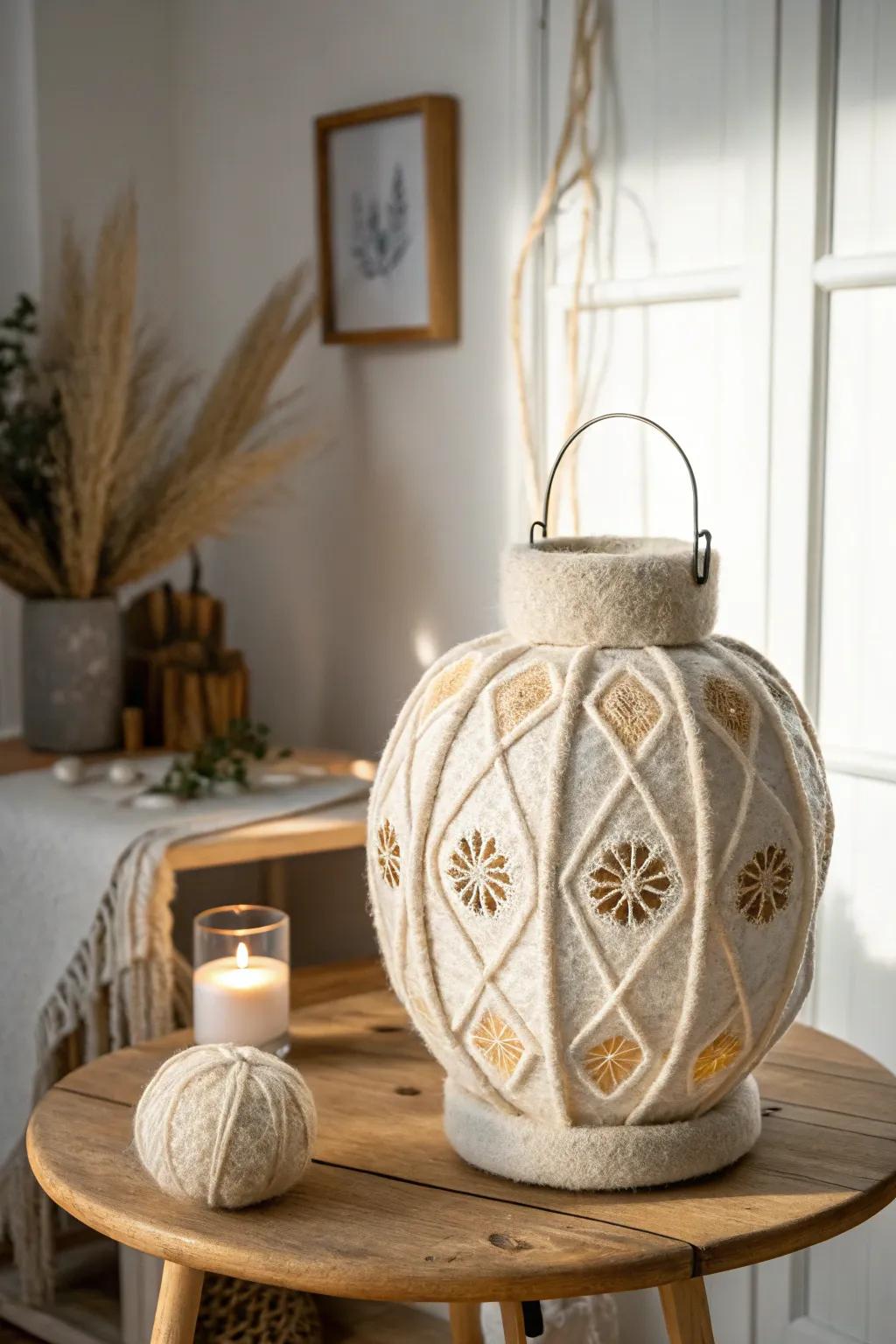 Illuminate your space with the serene beauty of a felted lantern, where craftsmanship meets simplicity.