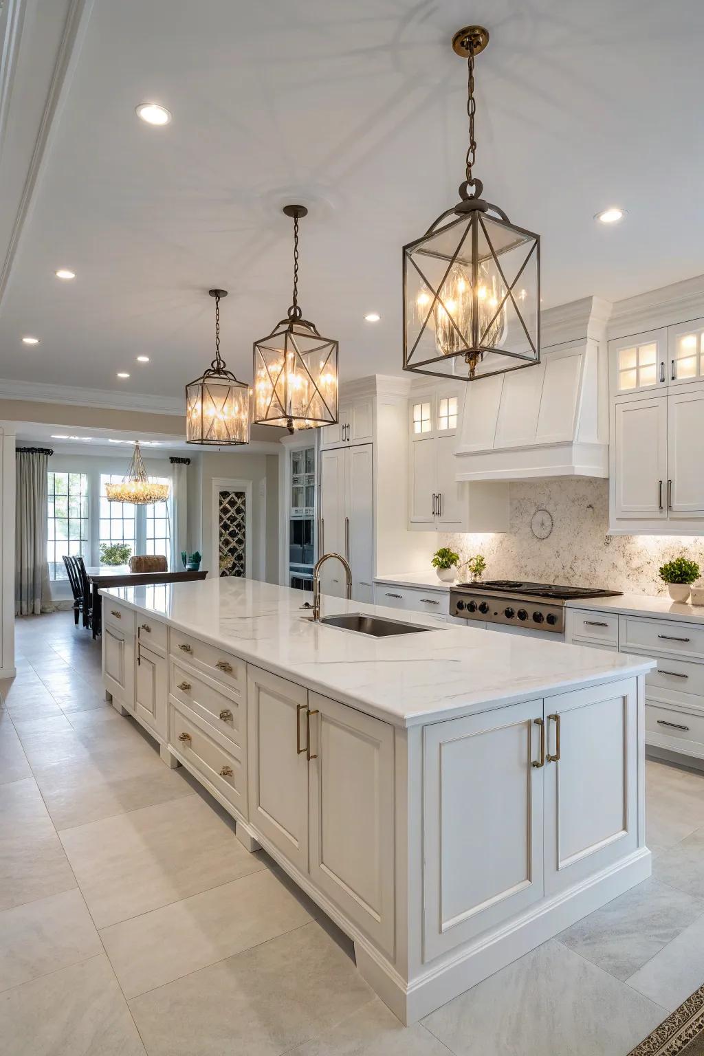 Statement pendant lights that add both function and flair to a white kitchen.
