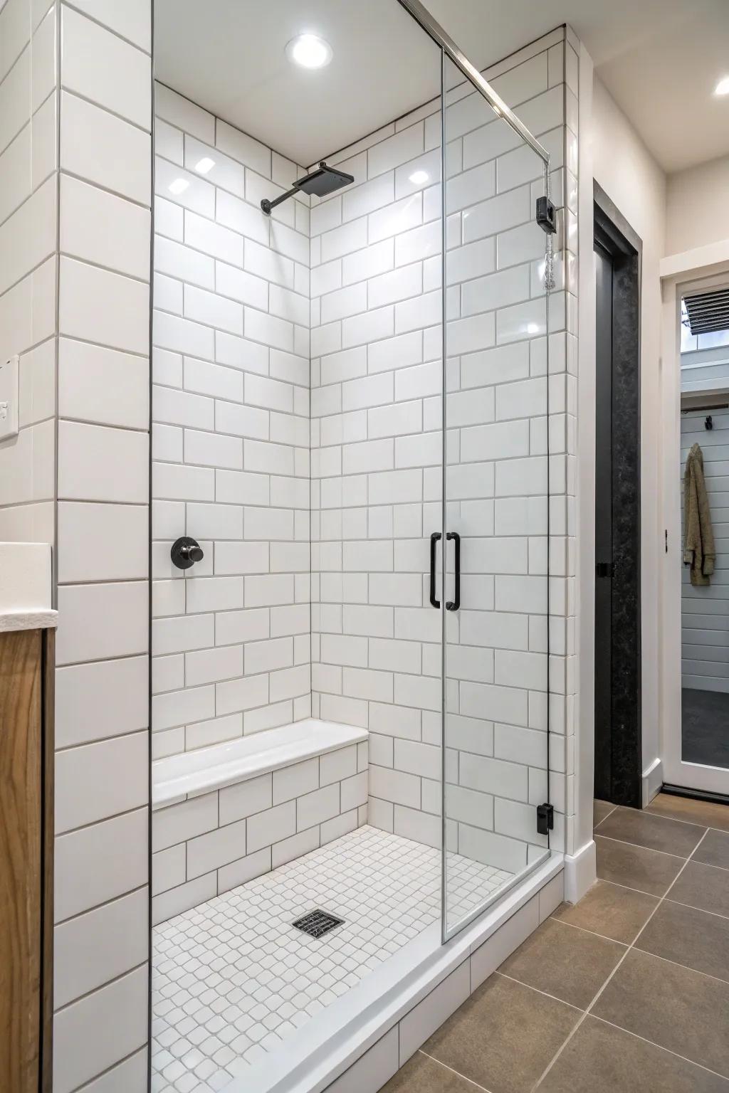 Minimalist design with white tiles creates a sleek, clutter-free shower.