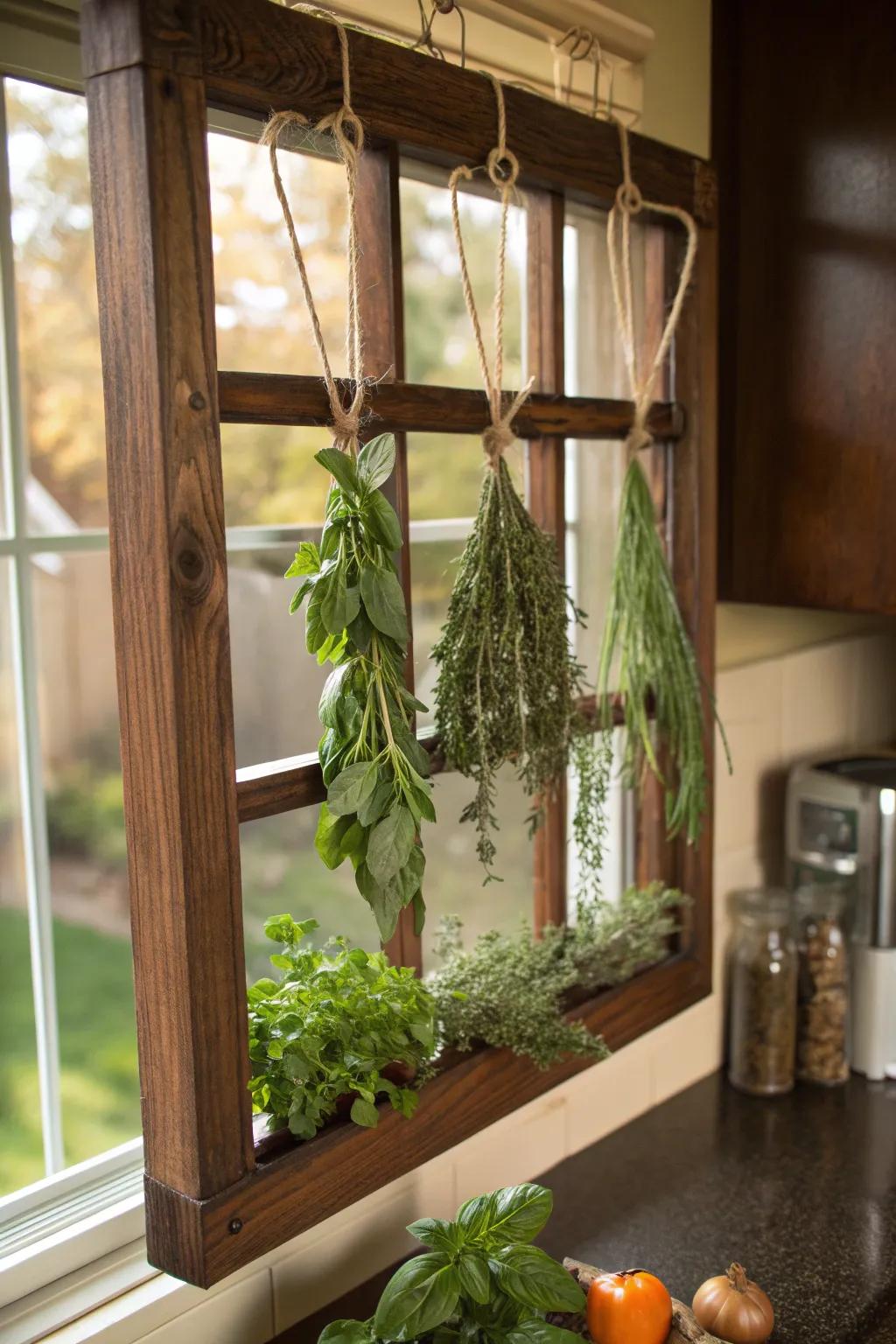 Elevate your kitchen's style with a rustic herb drying rack made from a repurposed window frame.