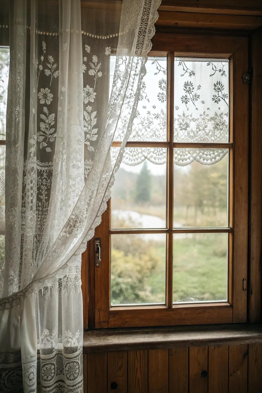 Lace screens offer privacy with a touch of vintage elegance.