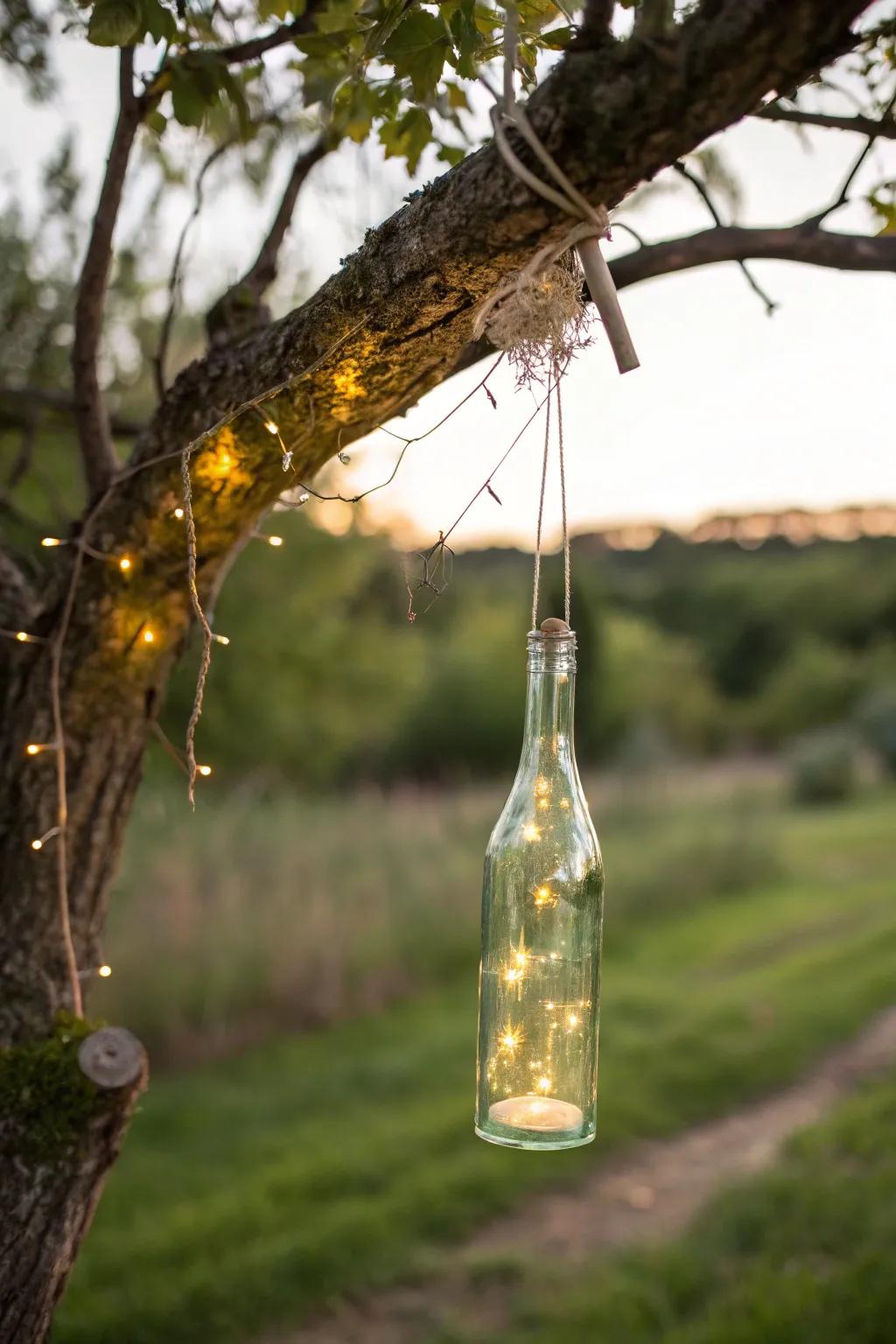 Illuminate your garden with the enchanting glow of suspended wine bottle lanterns.