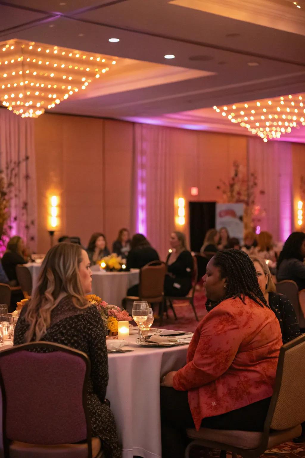 Strategic lighting transforms the event atmosphere.