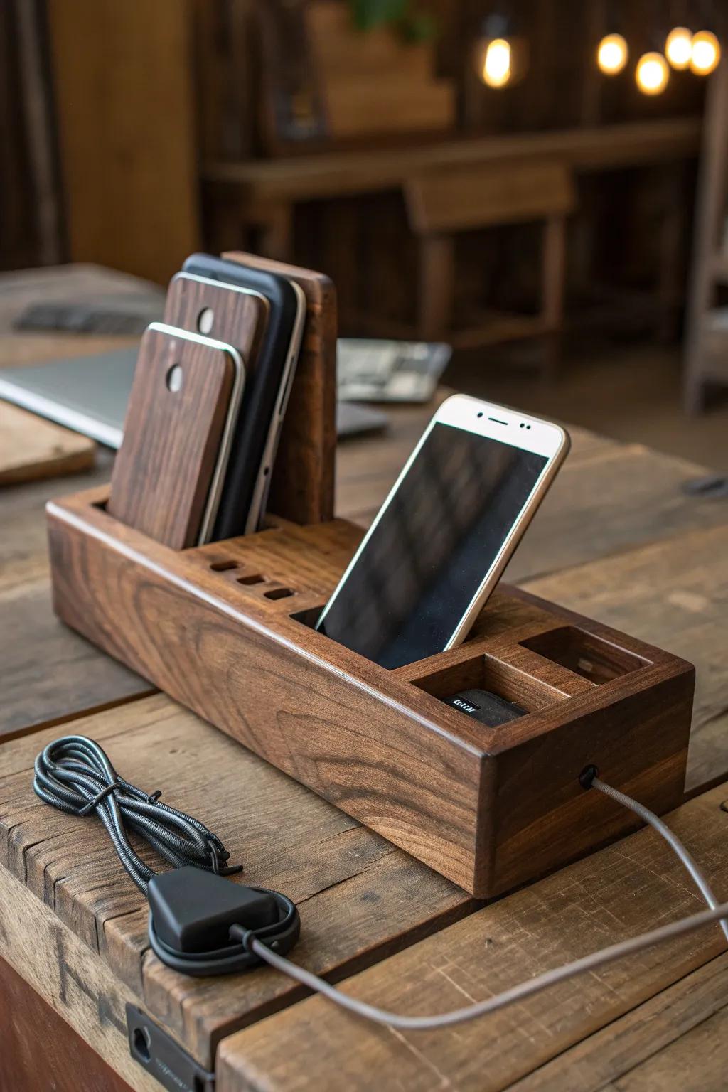 Elevate your tech organization with this expertly crafted wooden charging station.