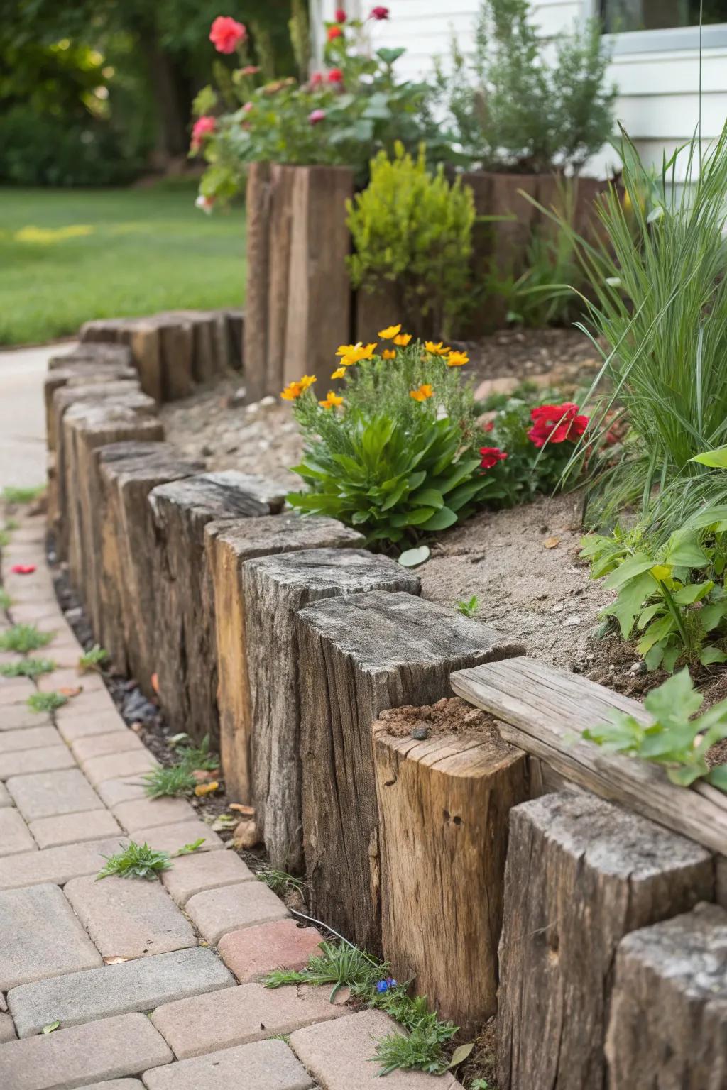 Transform your garden with the timeless charm of reclaimed wood edging.