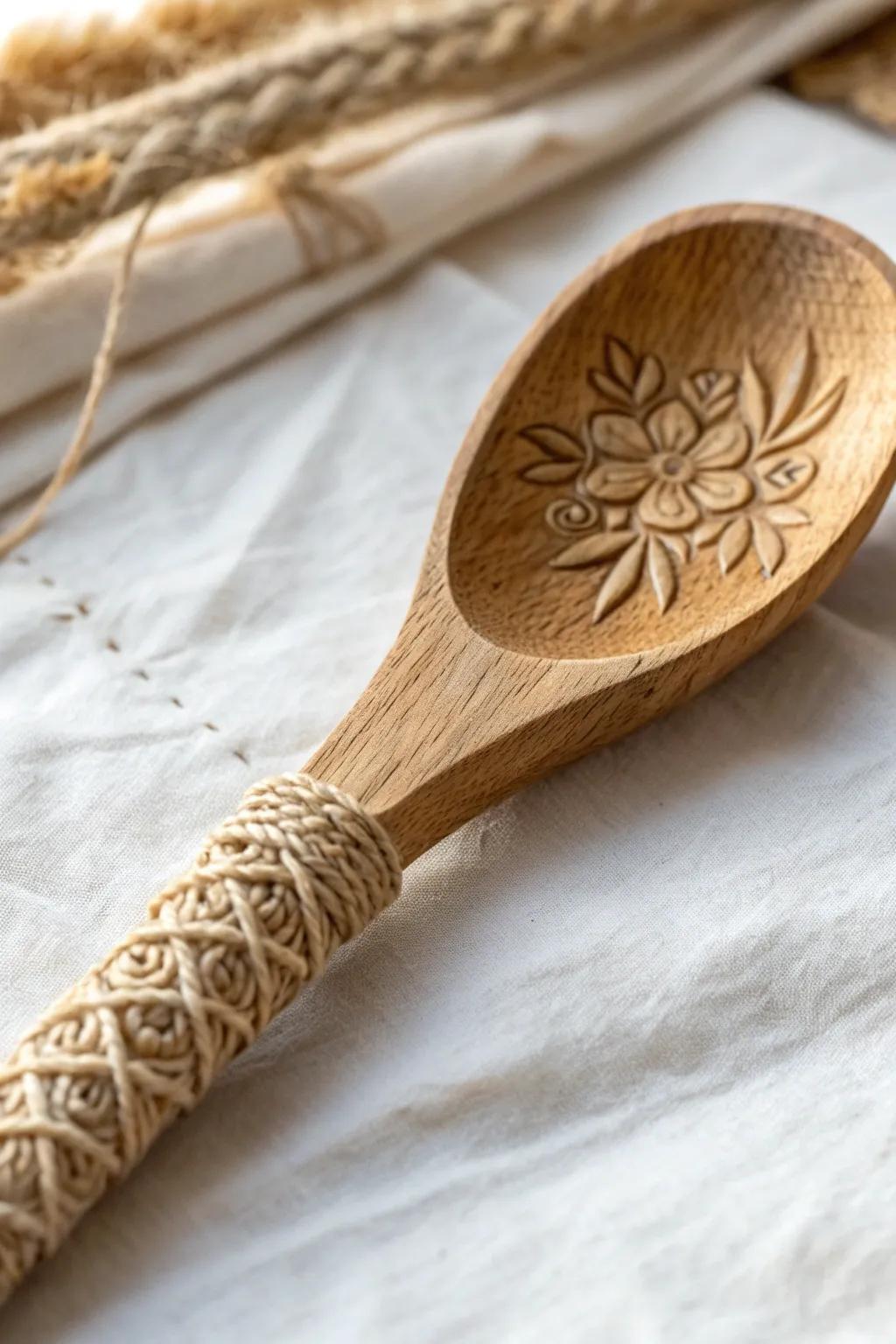 Discover the beauty in simplicity with this exquisitely textured wooden spoon handle, where craftsmanship meets elegance.