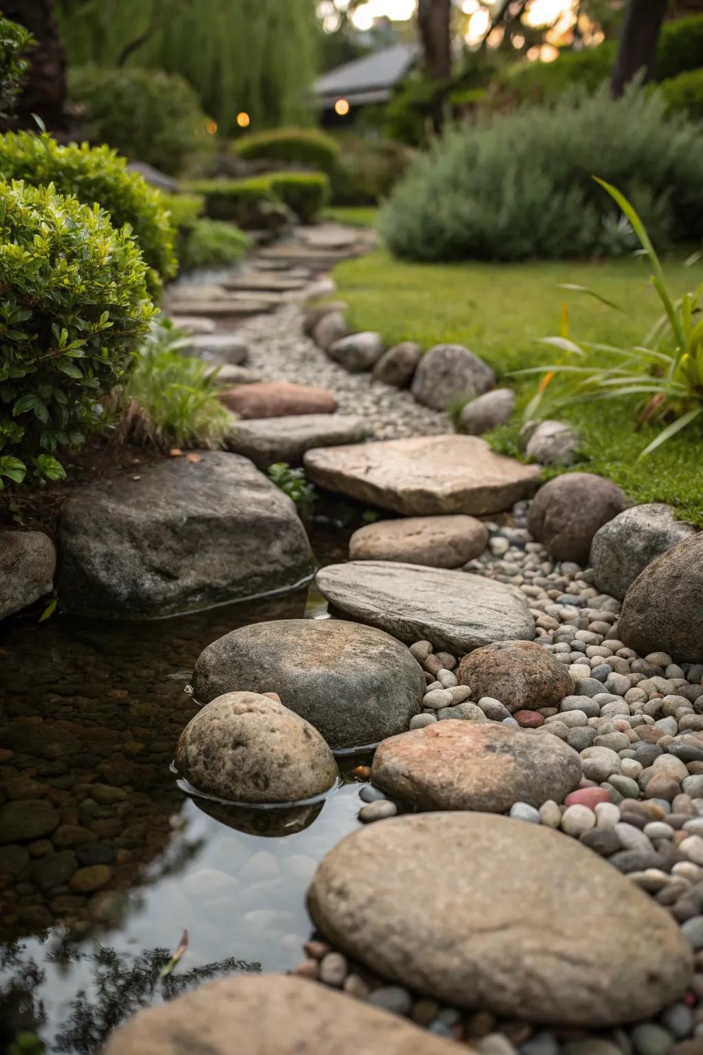 Master the art of water flow with strategically placed landscaping rocks for a functional and artistic garden touch.