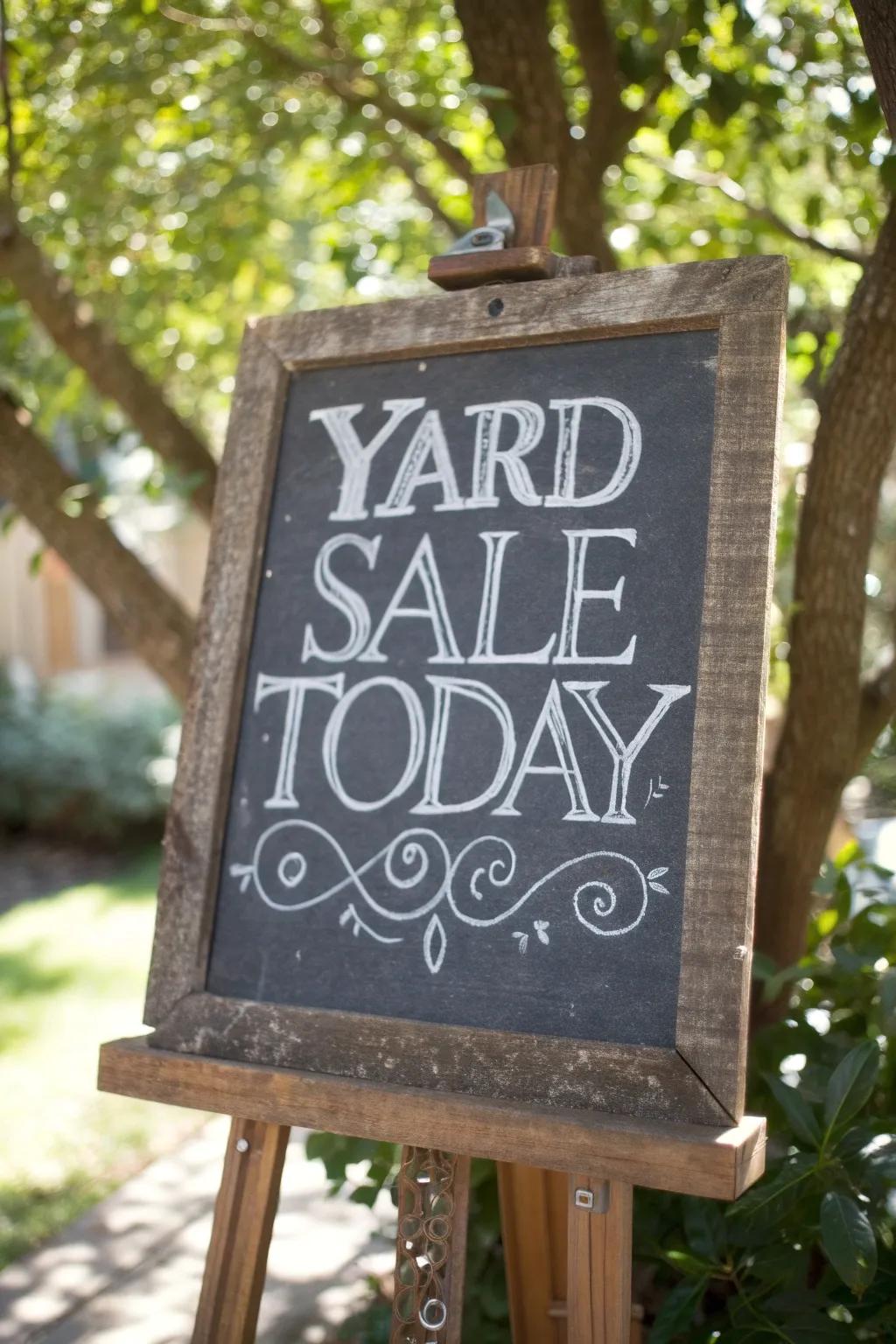 Embrace the rustic elegance of a handcrafted chalkboard sign for your next yard sale.