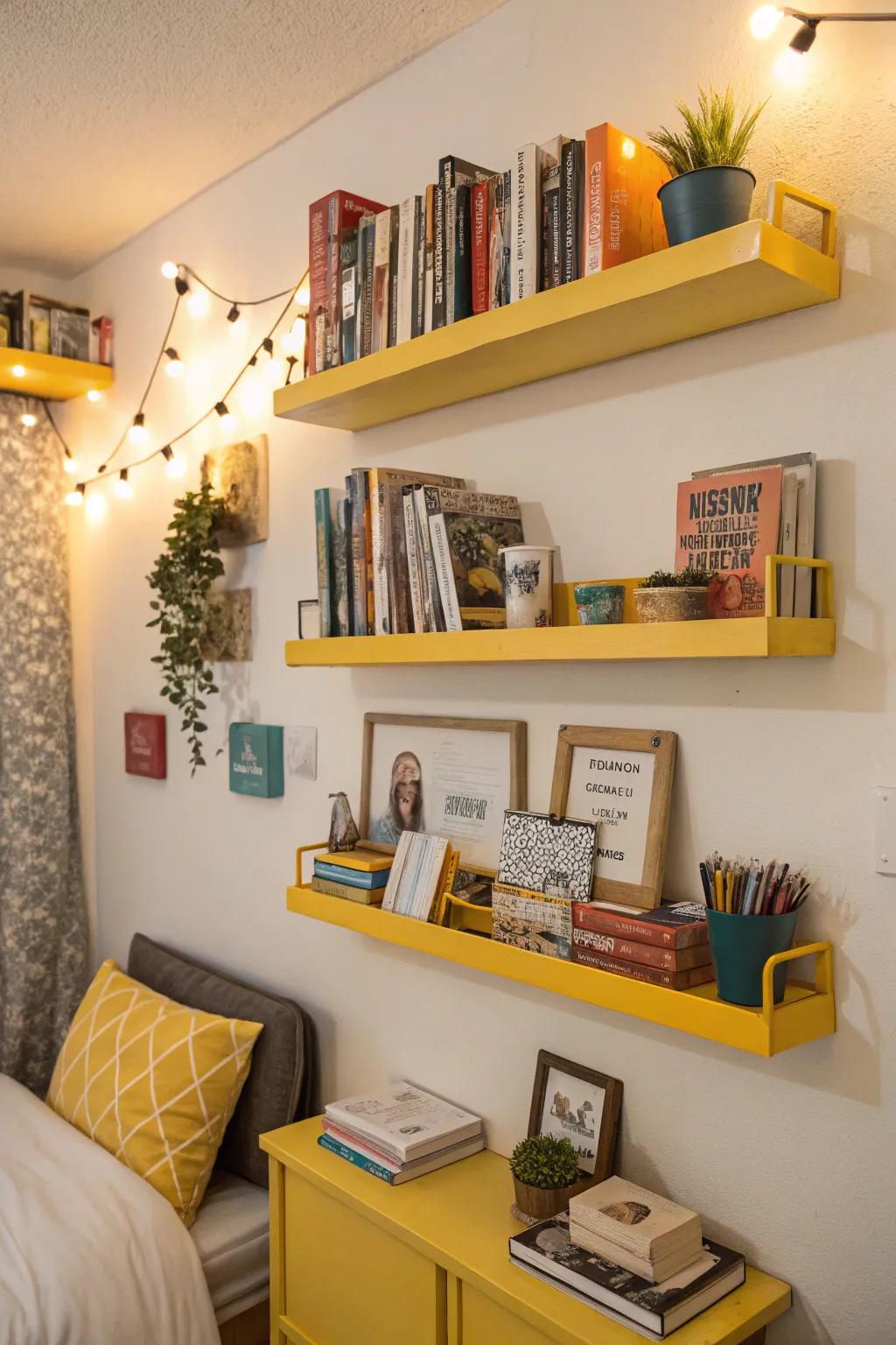 Yellow floating shelves offer style and storage in one.
