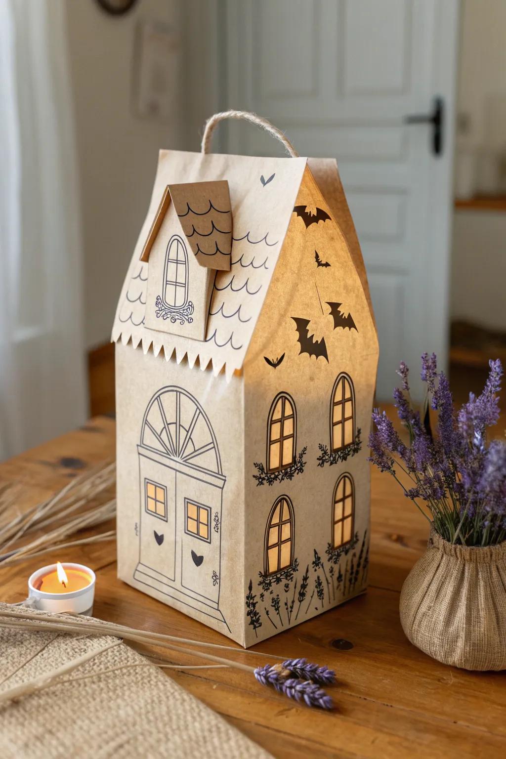 Craft your own spooky charm with a paper bag haunted house, perfect for adding a whimsical touch to your Halloween decor.