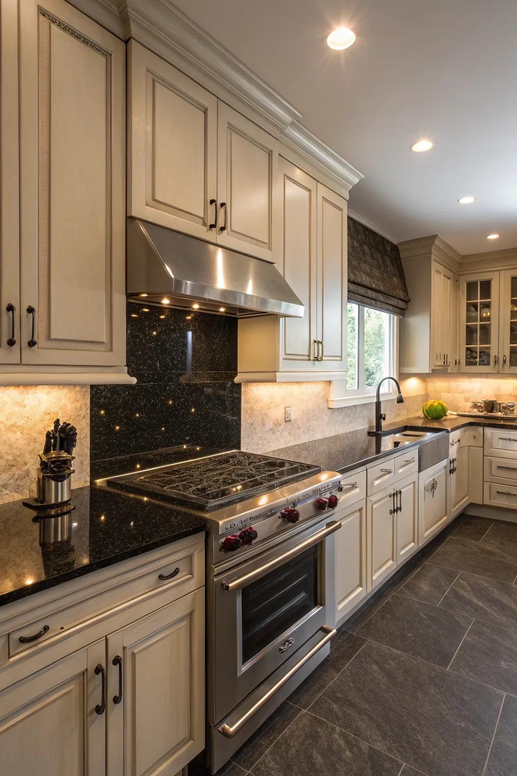 A dark quartz backsplash adds drama and sophistication to the space.