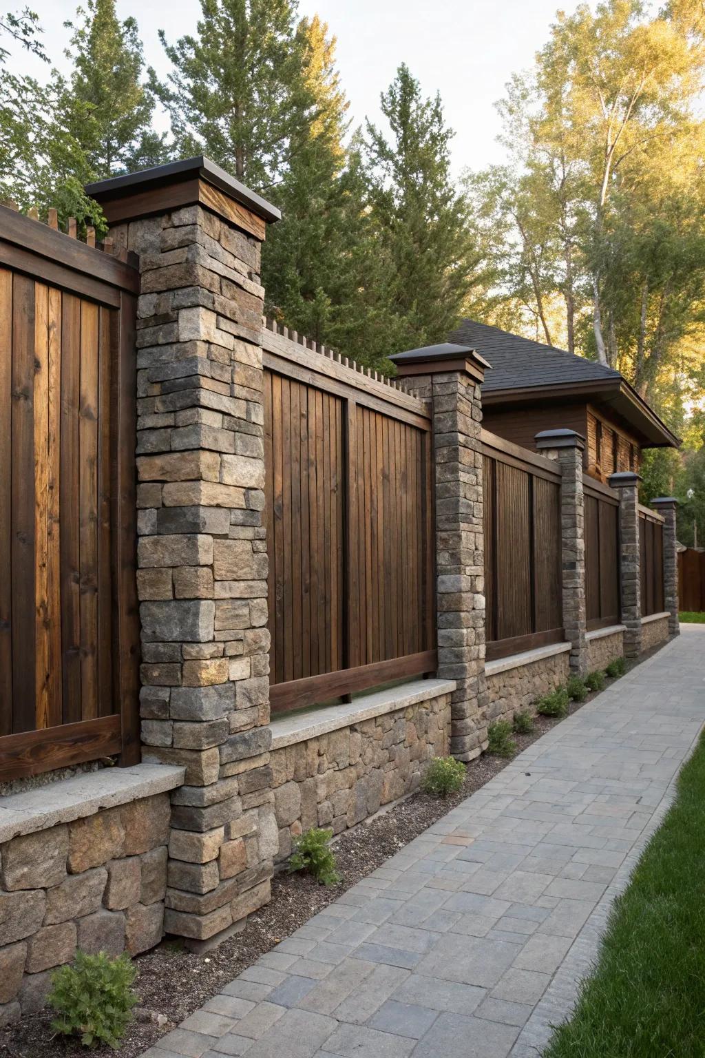 Experience the perfect blend of nature and craftsmanship in this stunning stone and wood fence design.