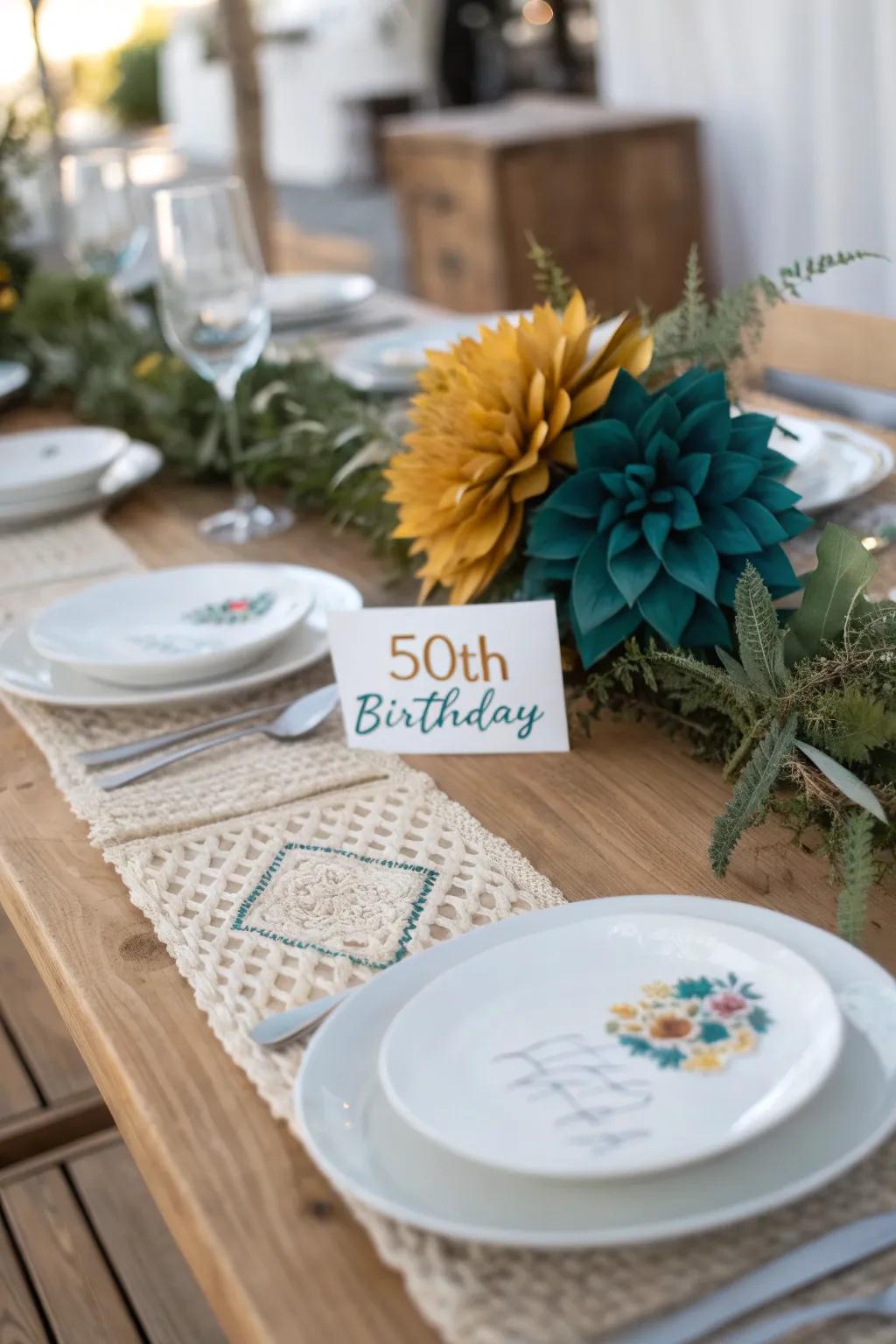 Celebrate in style with this stunning minimalist and Boho-inspired table setting for a 50th birthday bash!