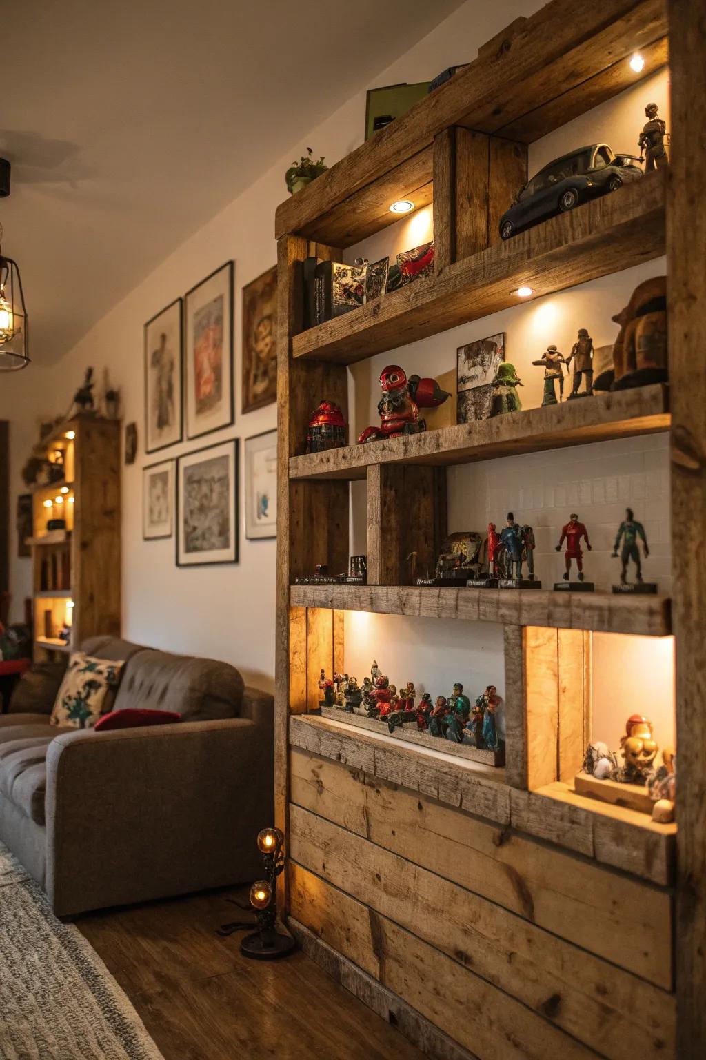 Reclaimed wood shelves blend eco-friendliness with rustic charm.