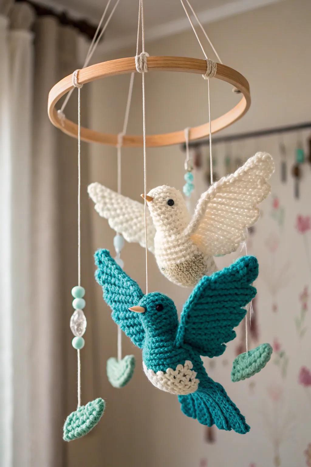 Embrace the serenity and beauty of handcrafted love with this charming crochet birds mobile, perfect for adding a touch of togetherness to any space.