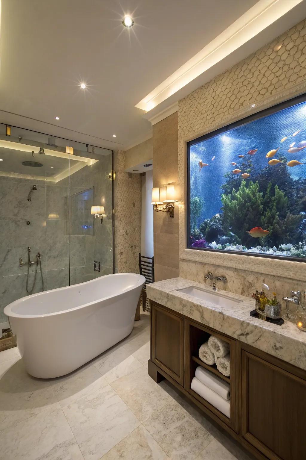 A bathroom aquarium turns an ordinary space into a luxurious retreat.