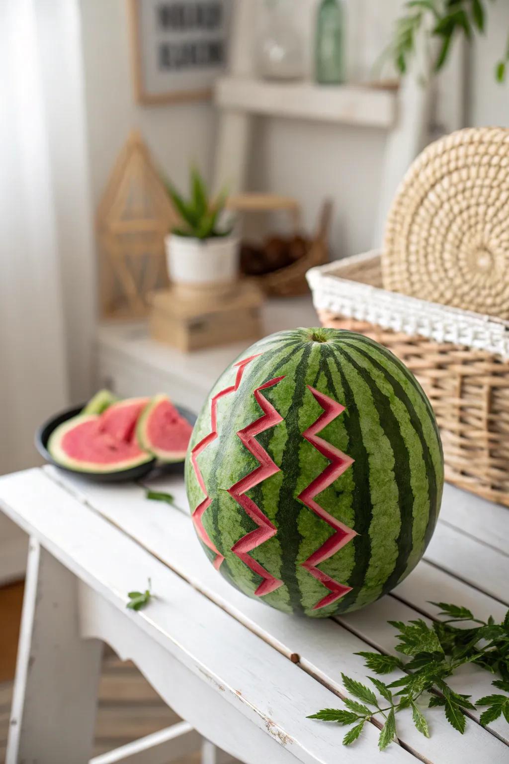Infuse your brunch with a dash of dynamic elegance with this stunning zigzag-carved watermelon.
