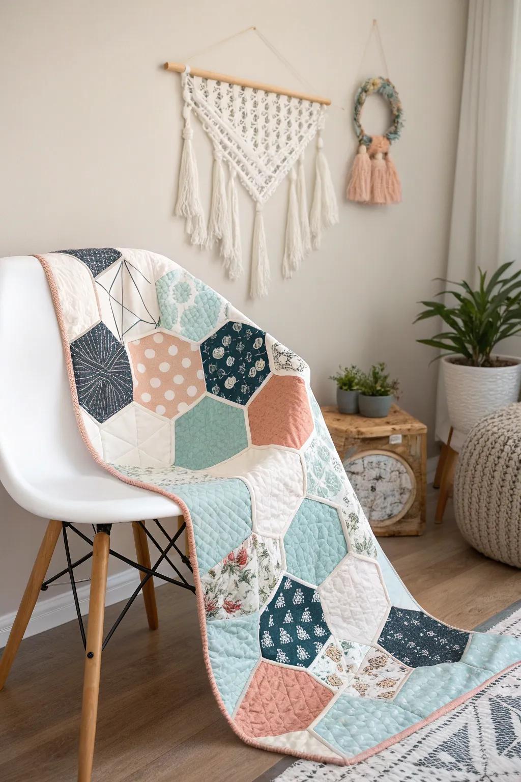 Discover the charm of unexpected shapes with this vibrant and modern baby quilt design. Perfect for adding a touch of creativity to your little one's nursery!