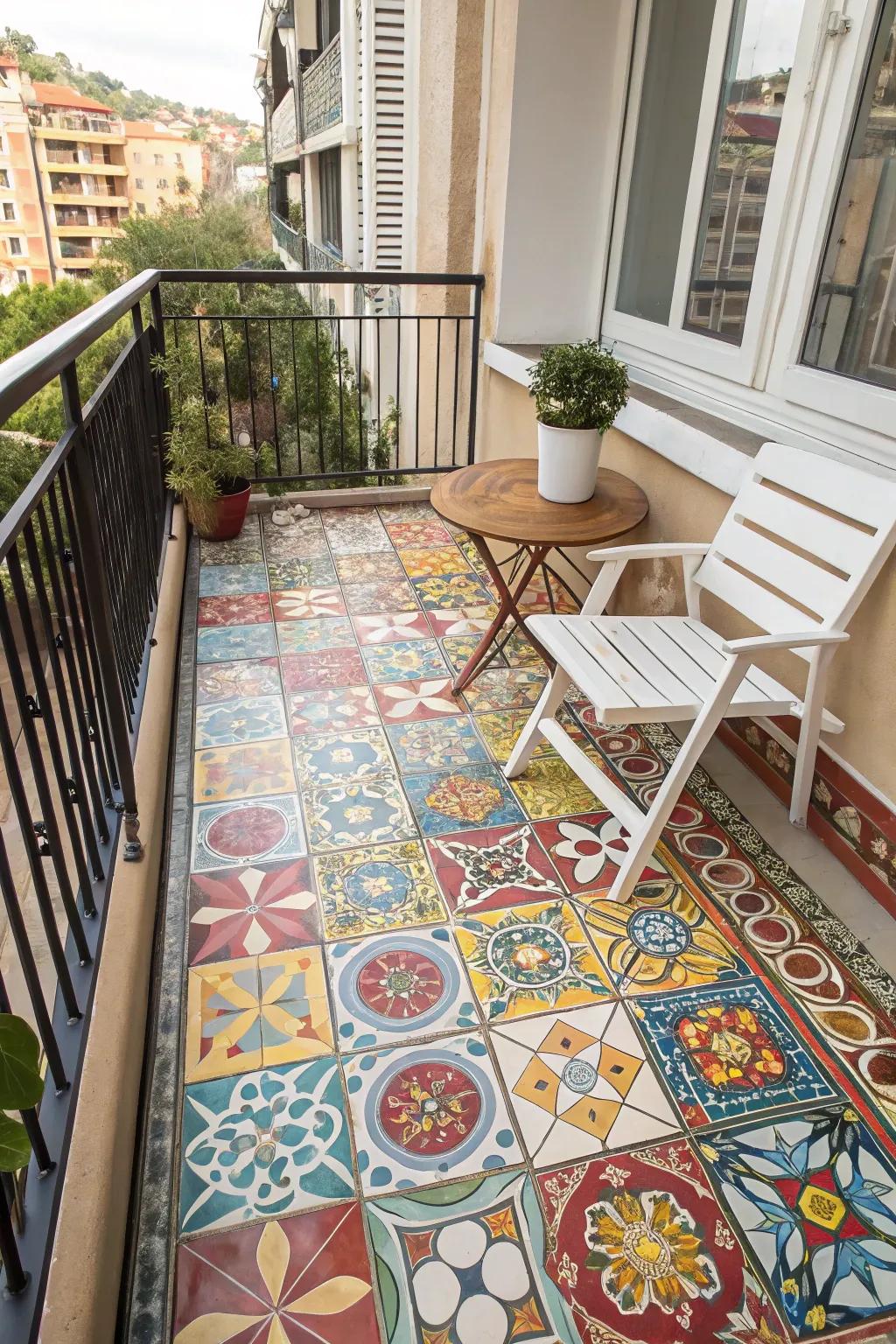 Mosaic patterns add vibrant personality to balcony floors.