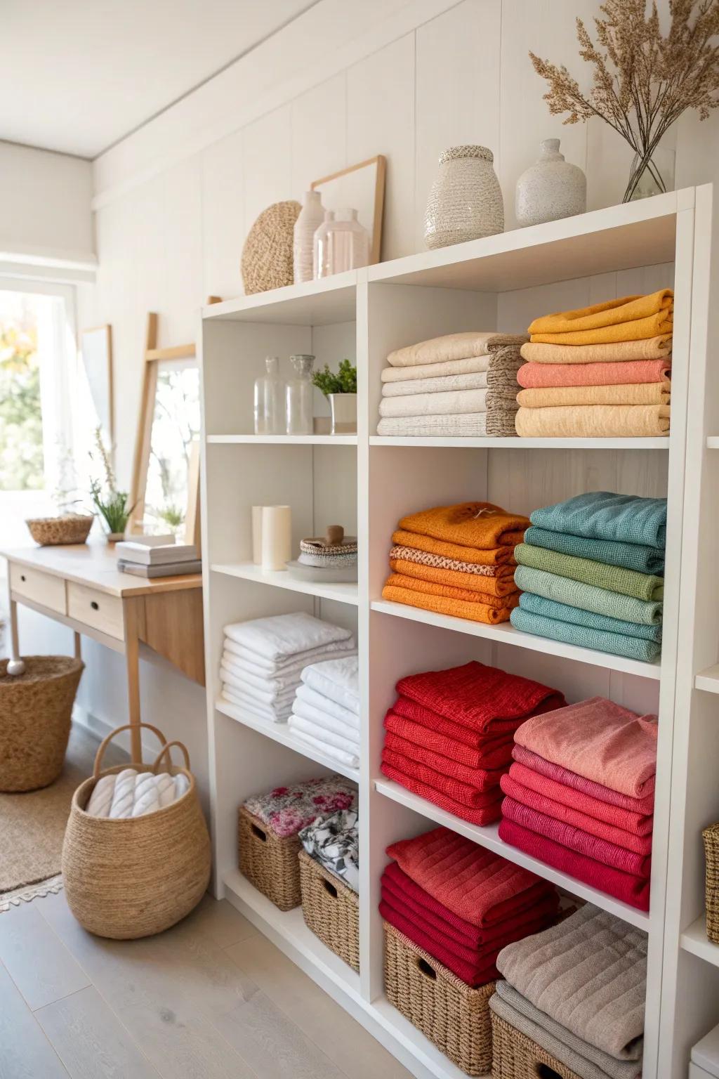 Transform your craft room into an artful haven with a vibrant fabric display that adds color and creativity to every corner.
