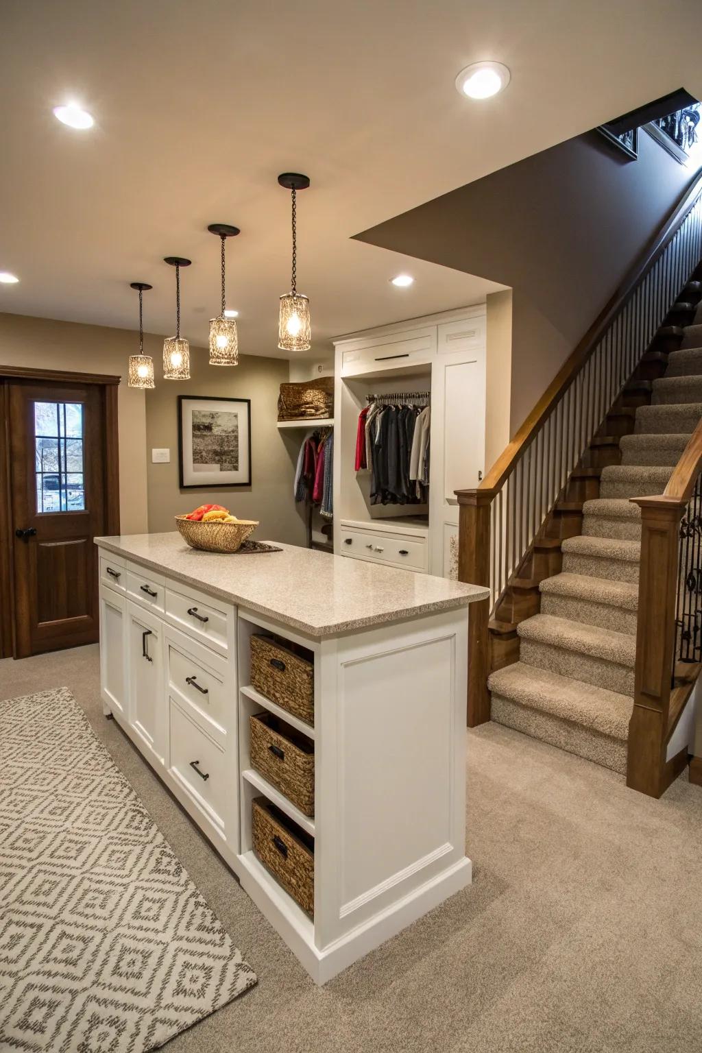 Utilizing under-stair space optimizes your basement island design.