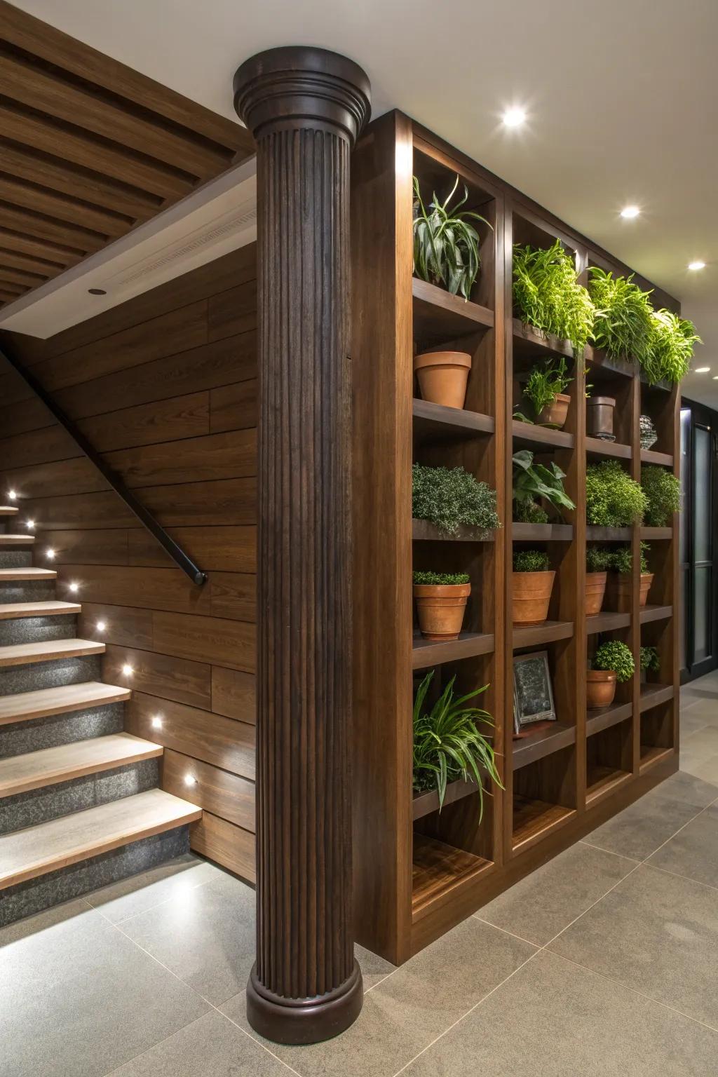 Transform your basement pole into a stunning centerpiece with multifunctional shelving that marries style and practicality.